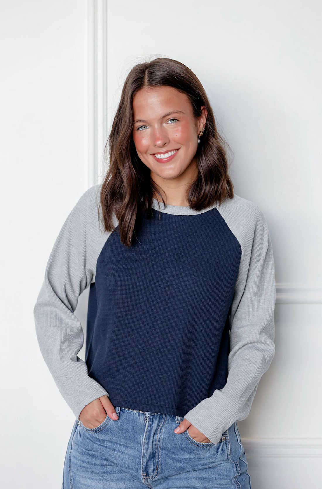 Navy/Grey Color Block Waffle Top
