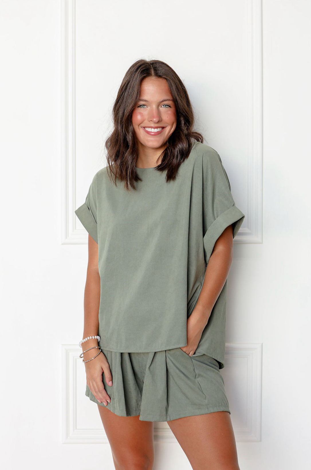 Olive Short Sleeve Top & Shorts Set Of 2