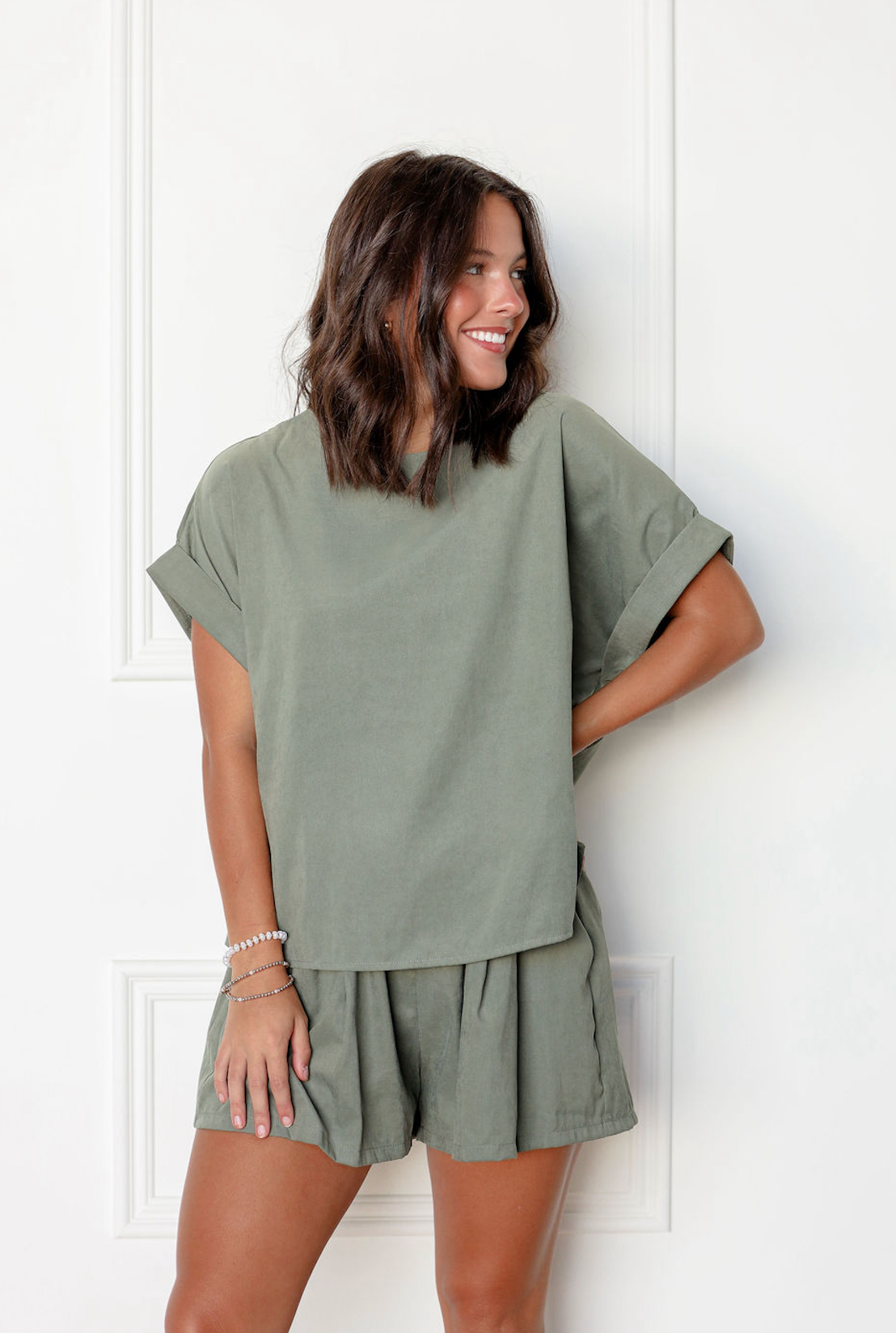 Olive Short Sleeve Top & Shorts Set Of 2