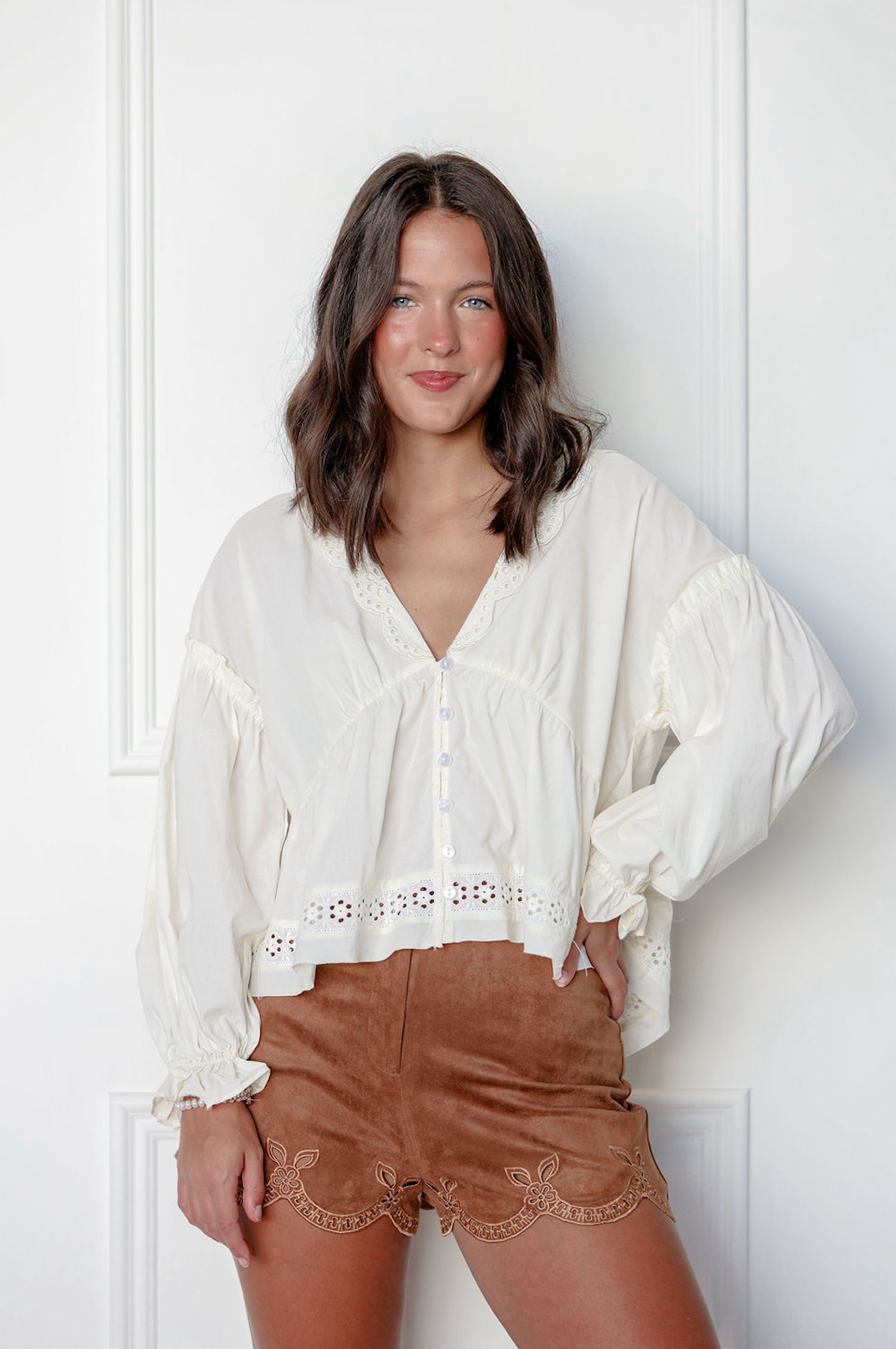 Long Sleeve Eyelet Blouse Ivory