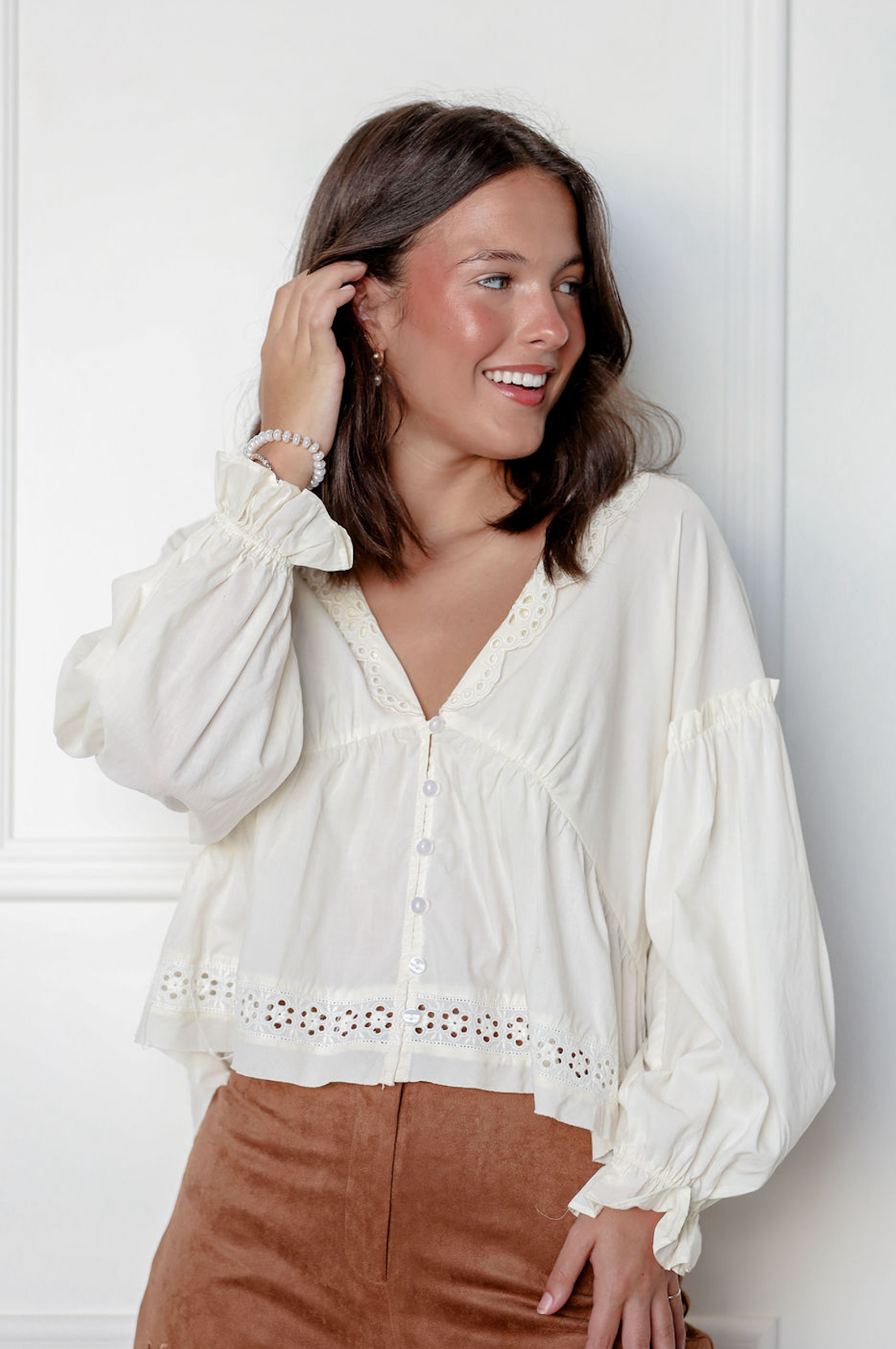 Long Sleeve Eyelet Blouse Ivory