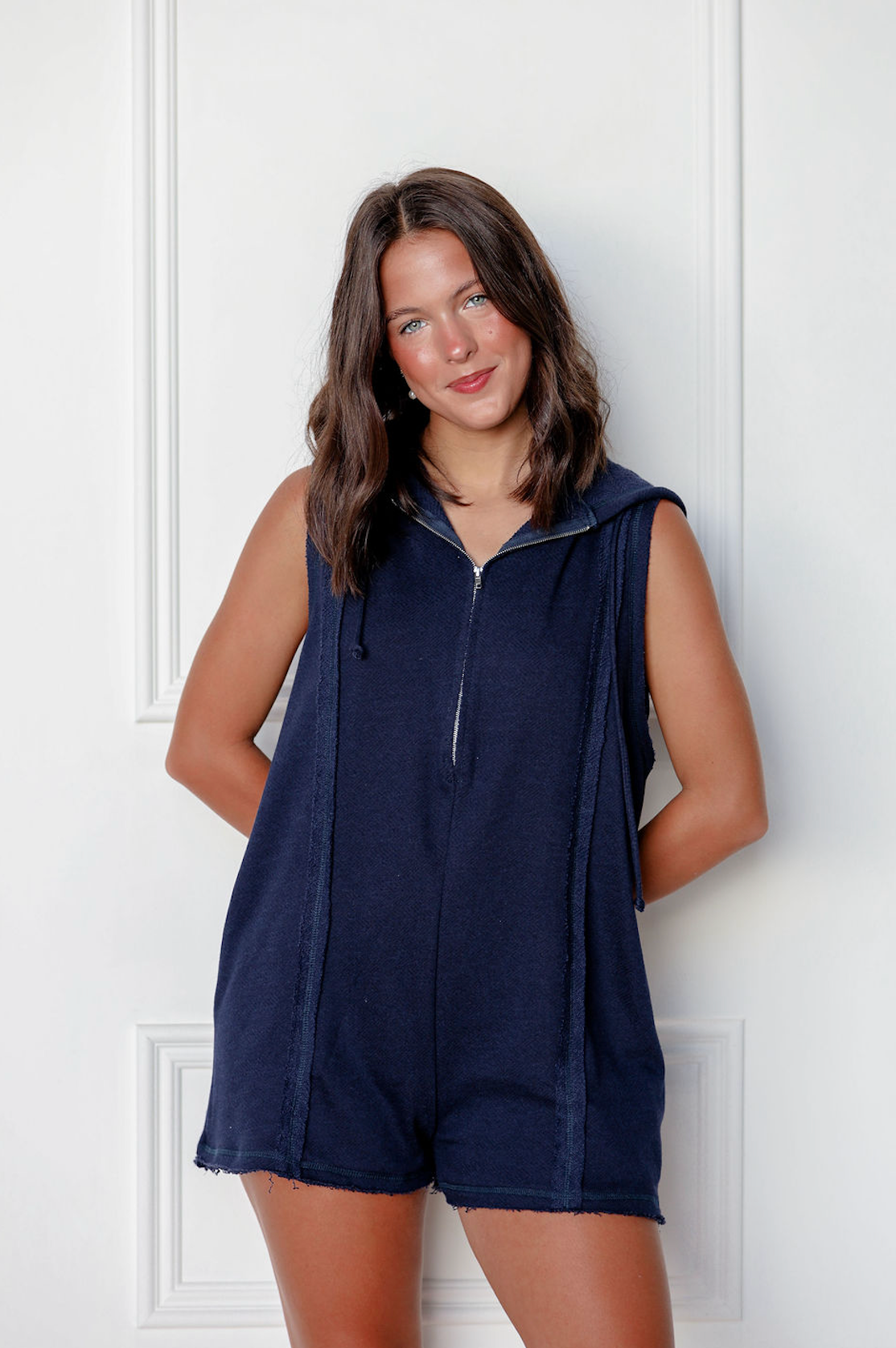 Sleeveless Zip Up Romper Navy
