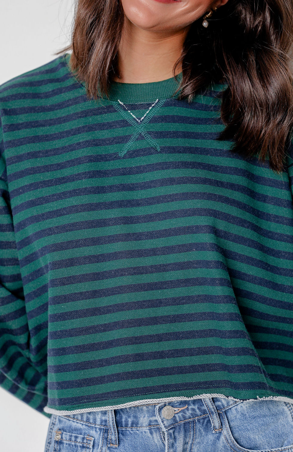 Green/Navy Cropped Stripe Pullover