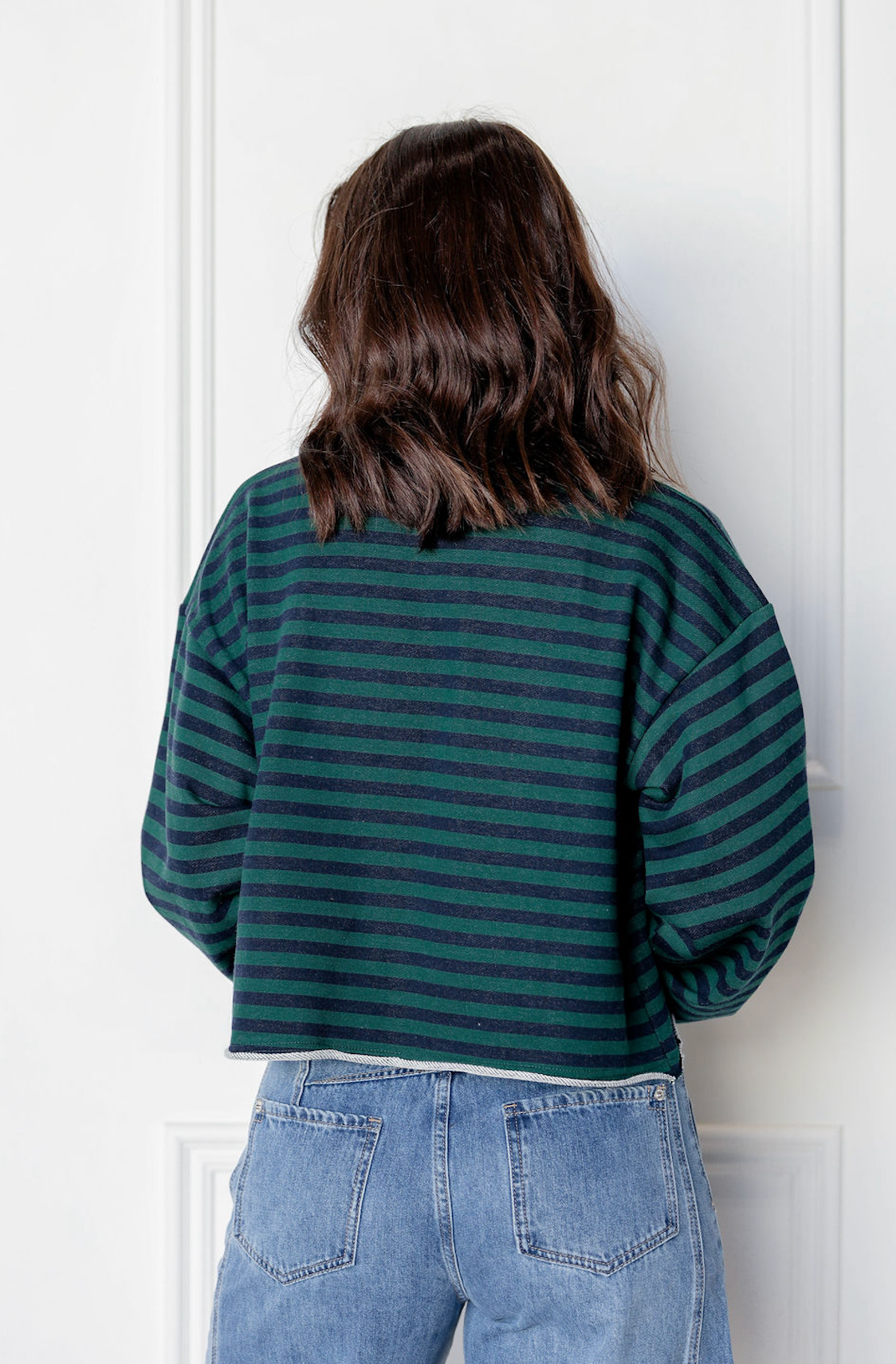 Green/Navy Cropped Stripe Pullover