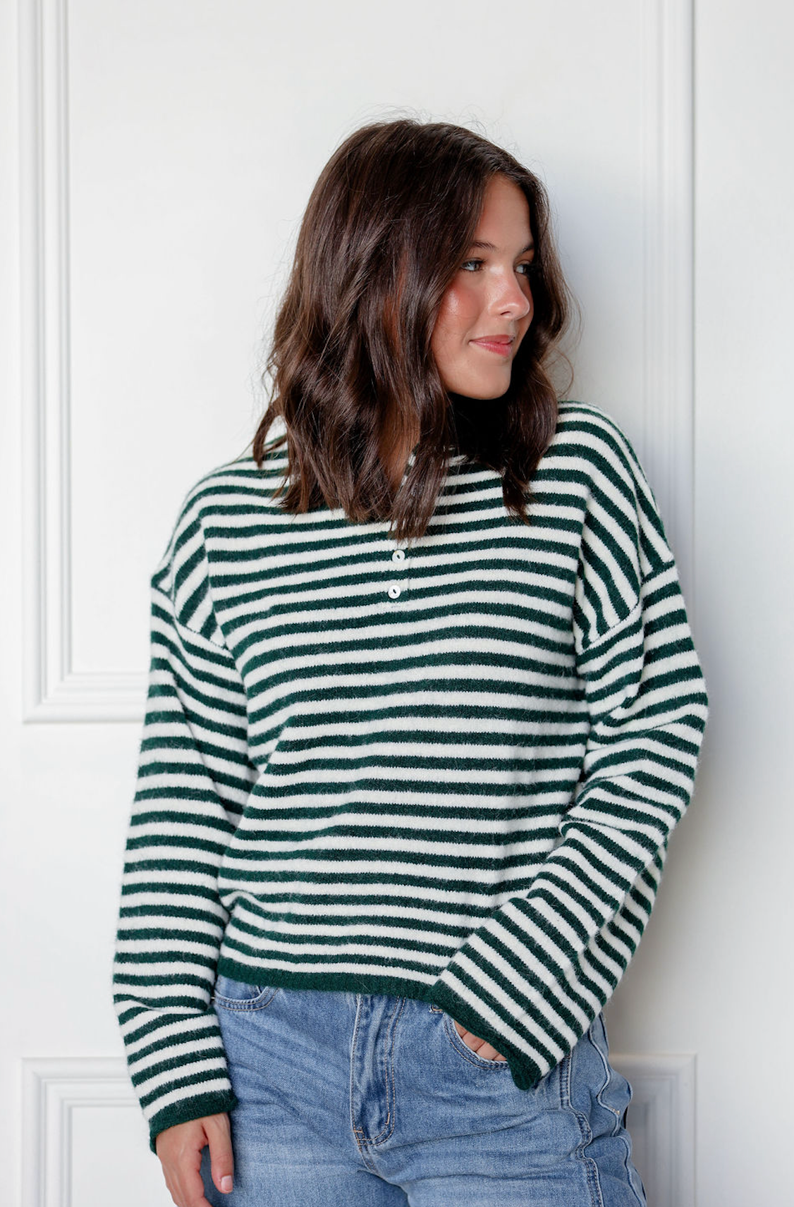 Striped Henley Sweater Forest