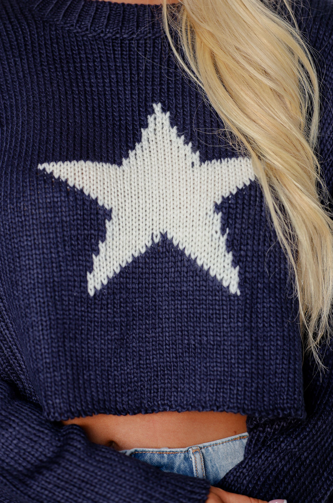 Star Motif Cropped Sweater Navy/Ivory