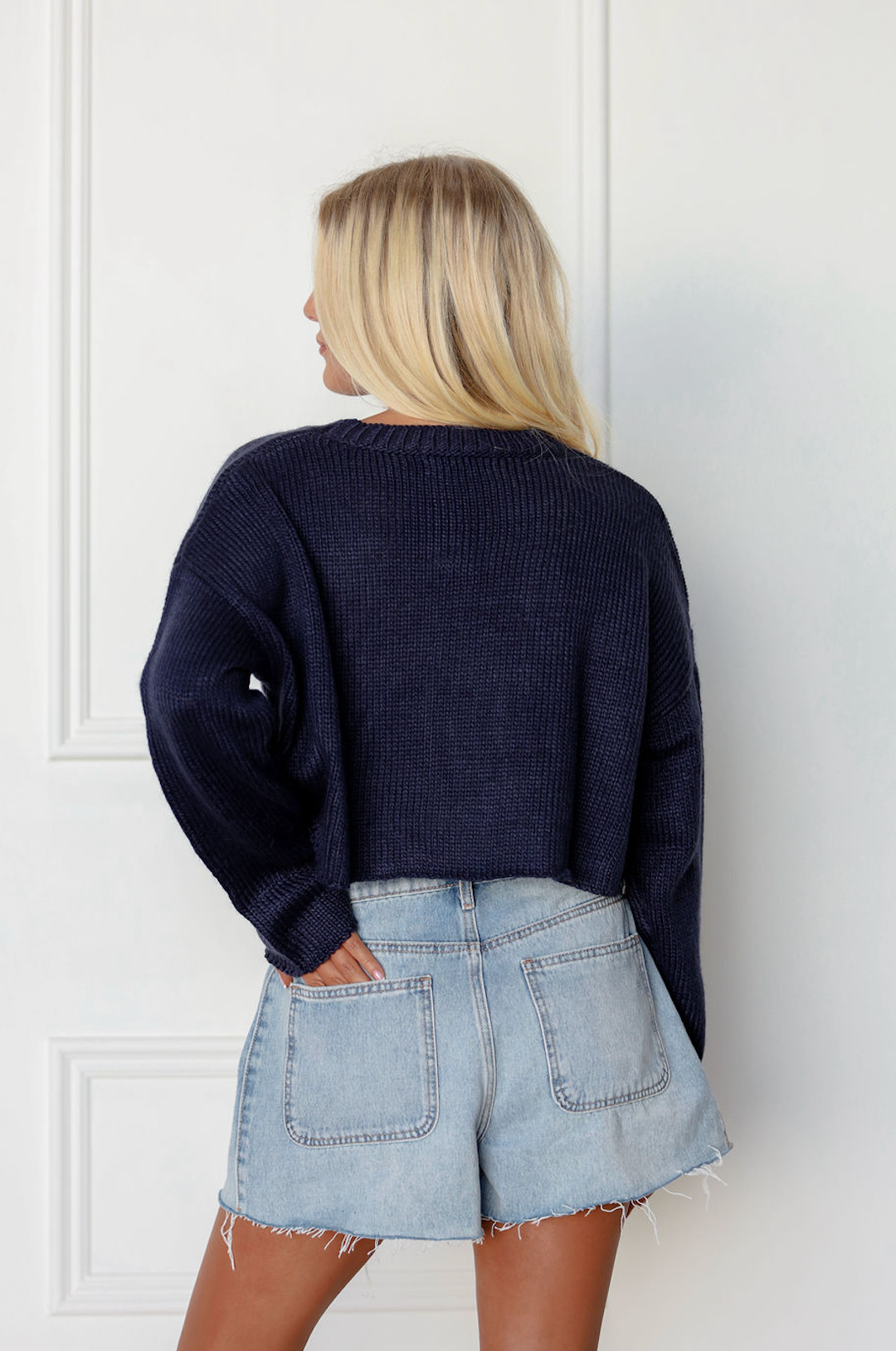 Star Motif Cropped Sweater Navy/Ivory