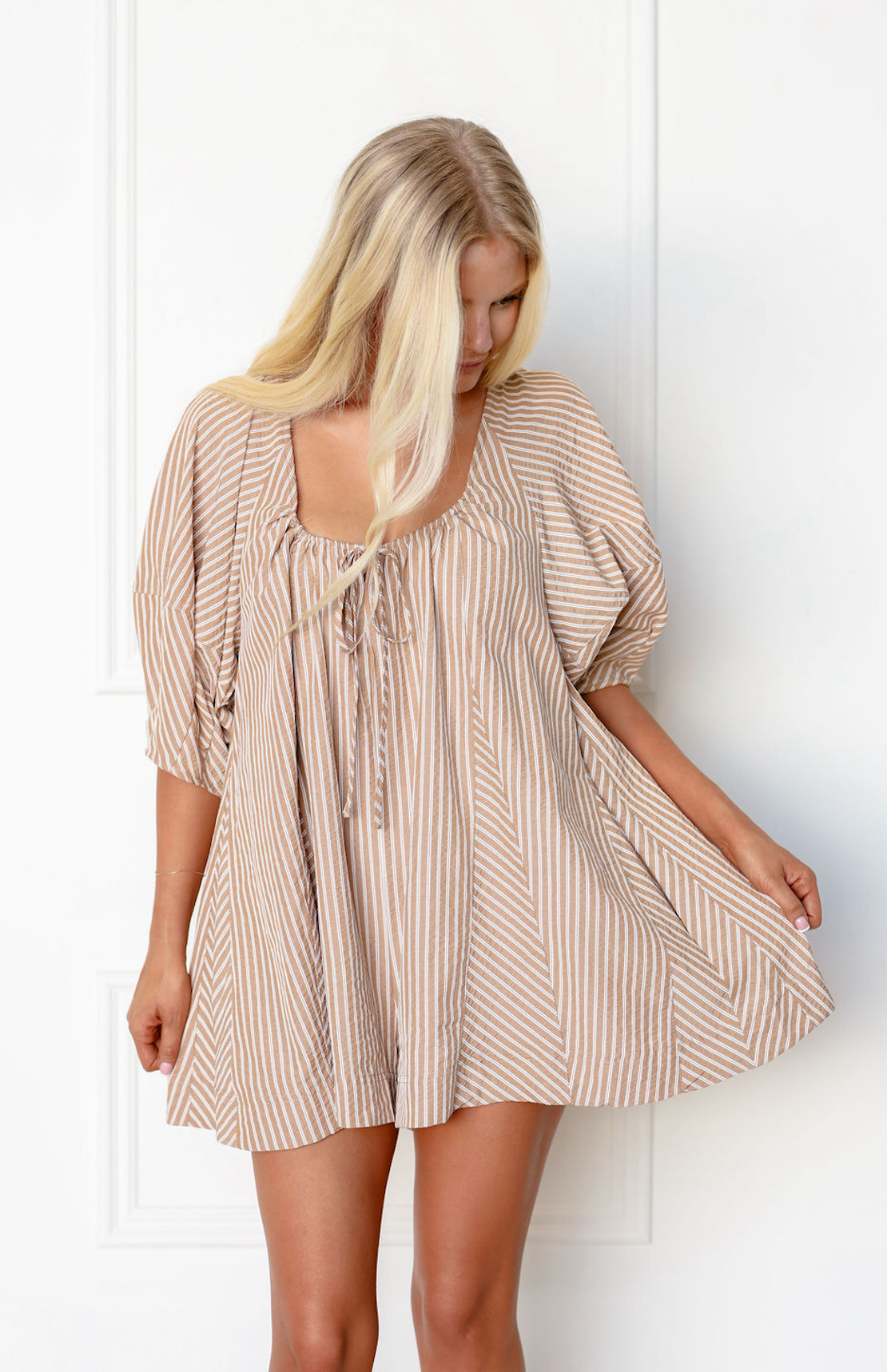 Stripe Front Tie Romper Taupe