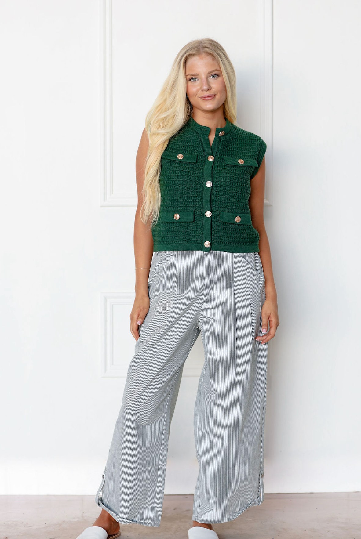 Stripe Hunter Green Wide Leg Pants