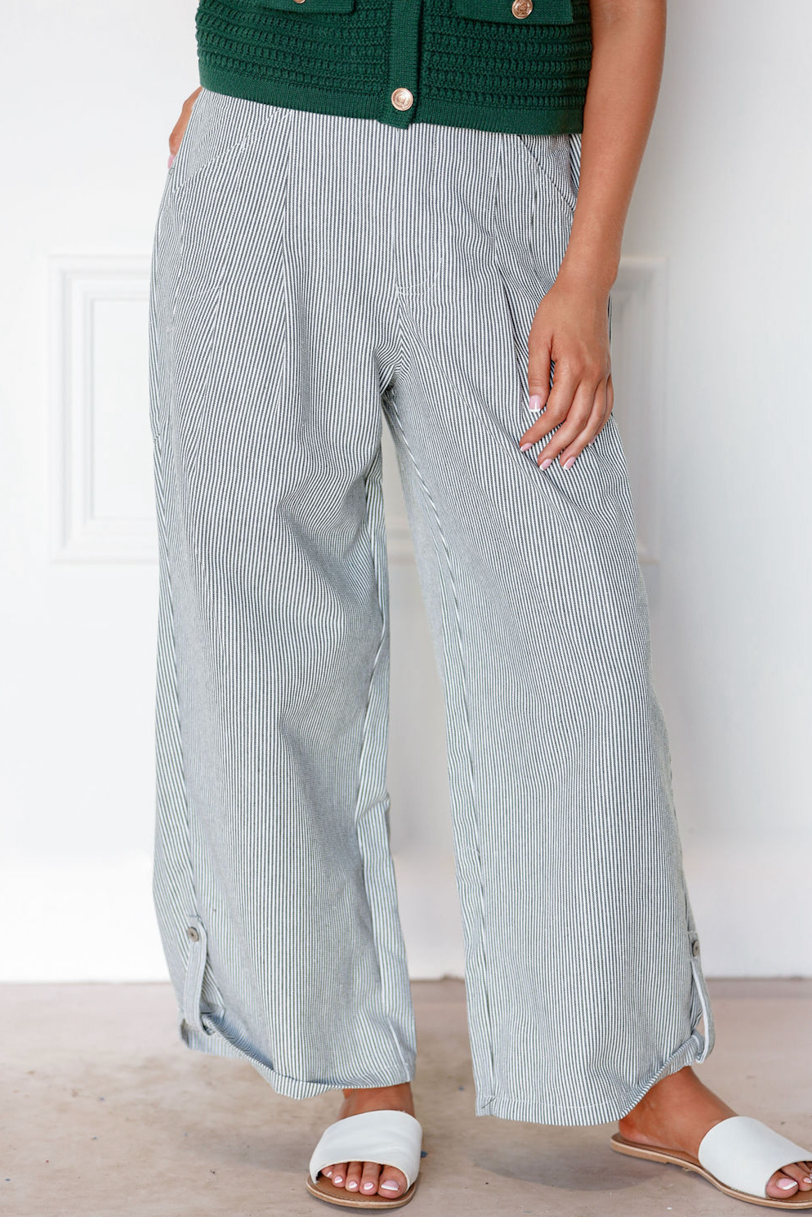 Stripe Hunter Green Wide Leg Pants