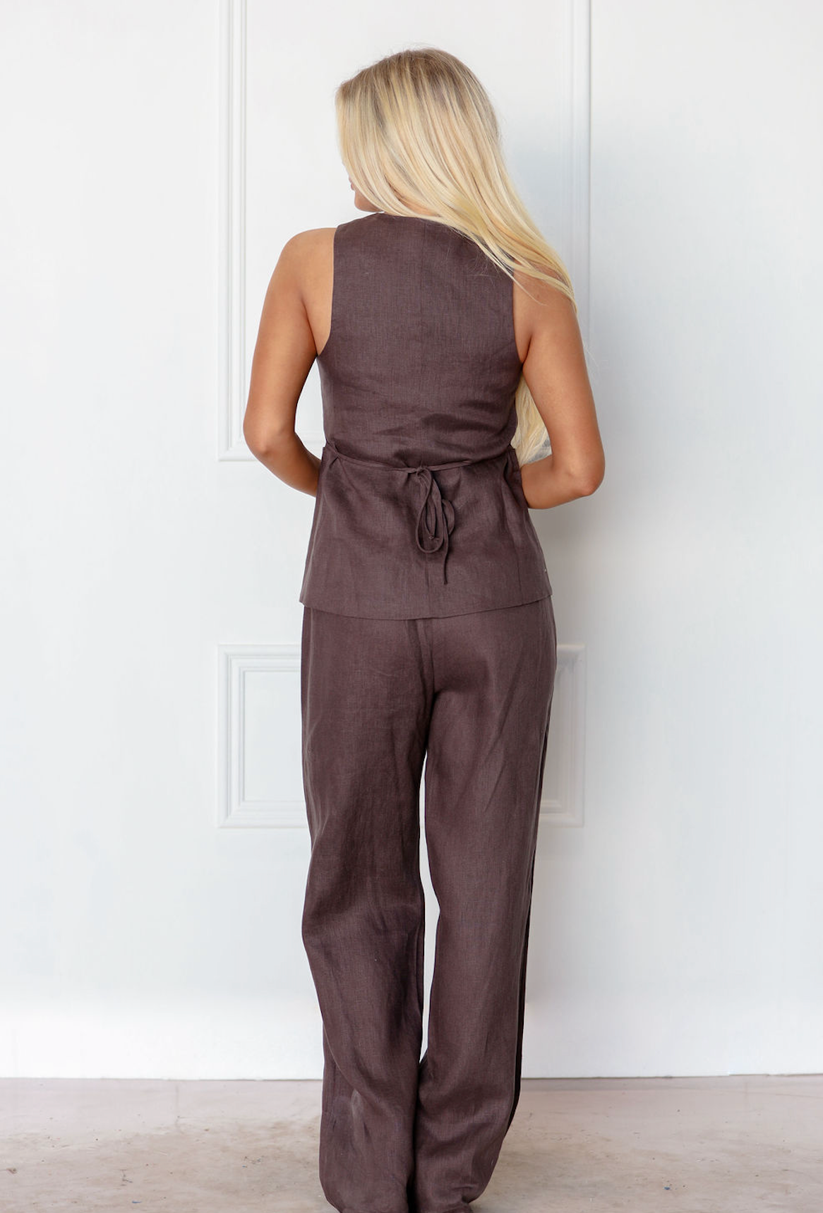 Coffee Linen Pants & Top Set of 2