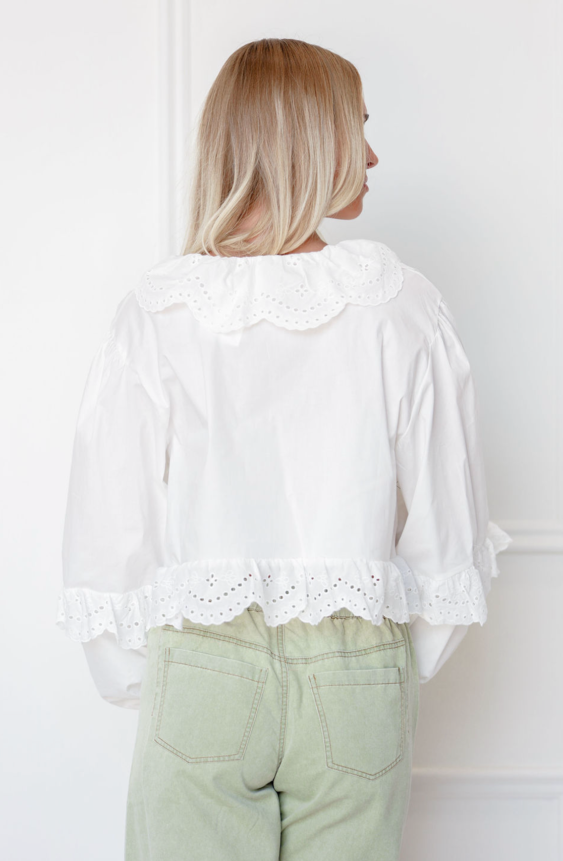 Eyelet Ruffle Front Blouse