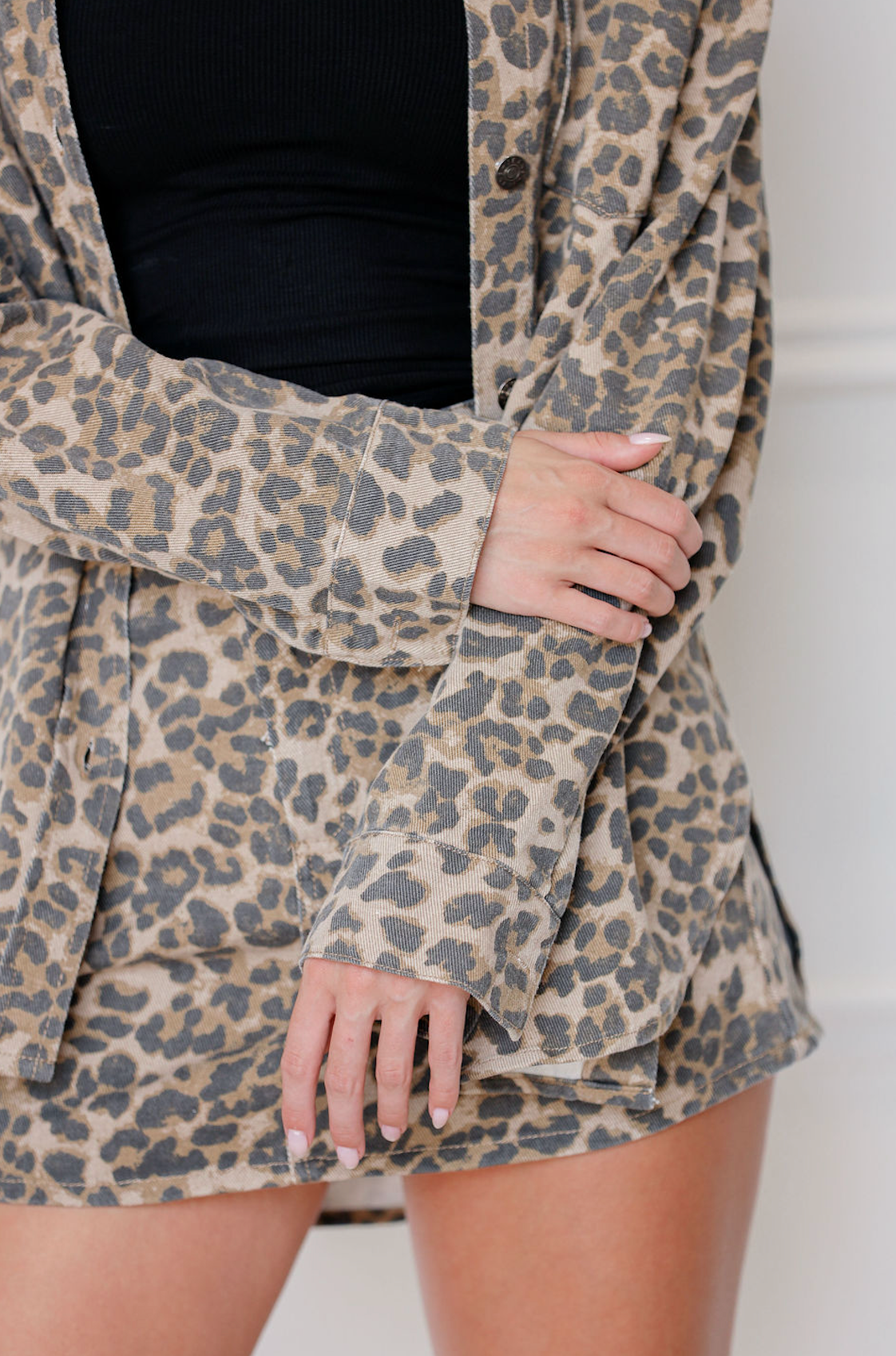 Leopard Denim Oversized Shirt & Skirt Set Of 2