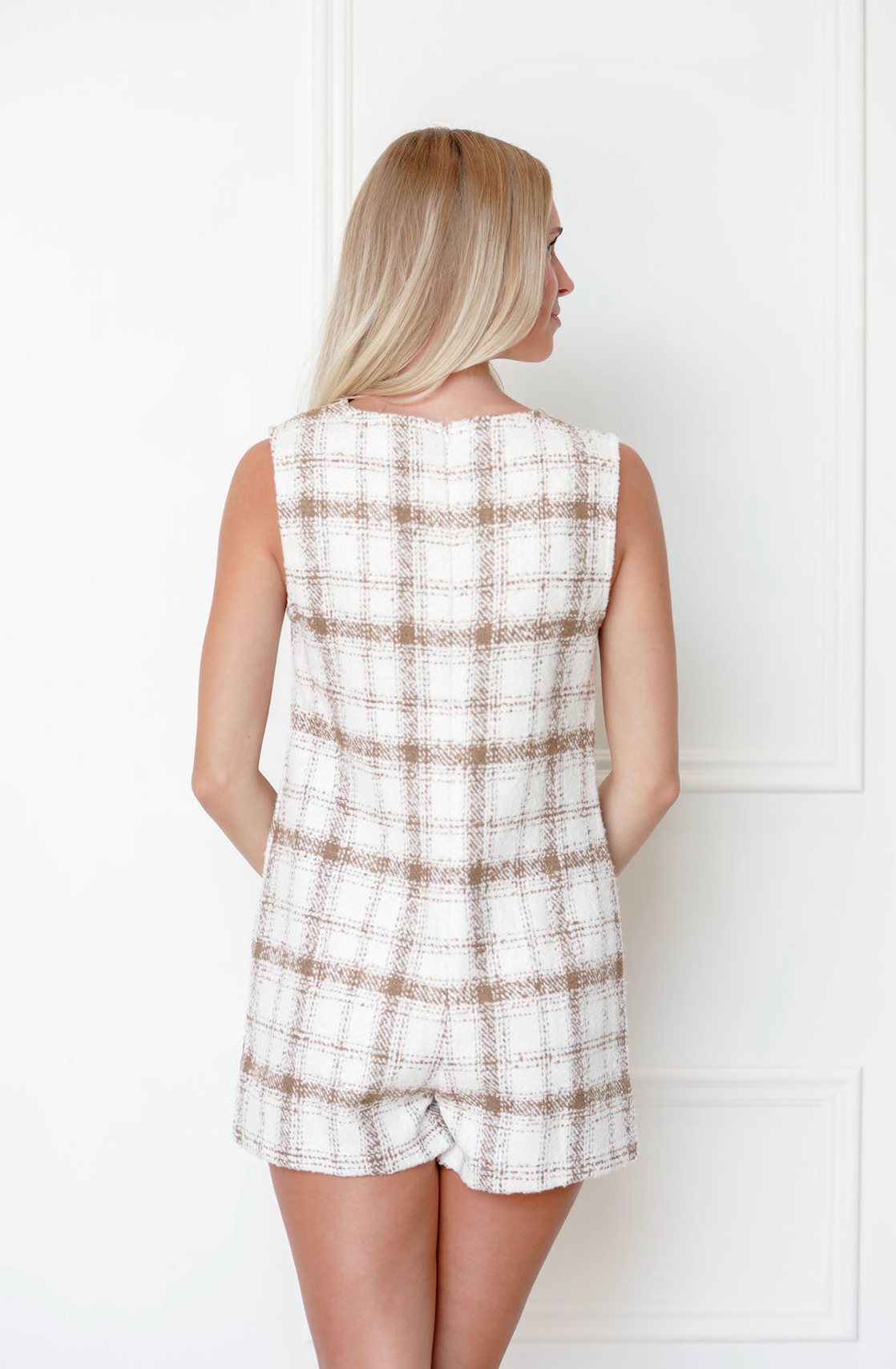 Plaid Tweed Romper w/ Pockets