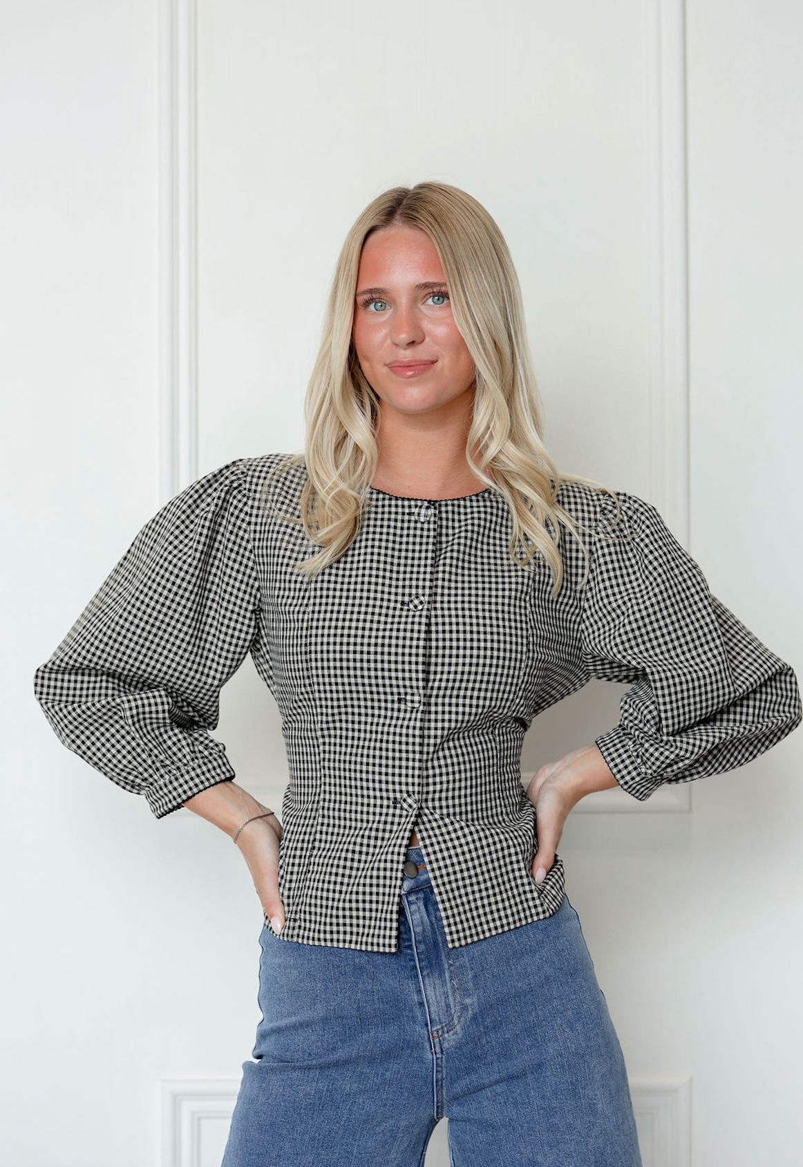 Black Checker Tied Waist Top