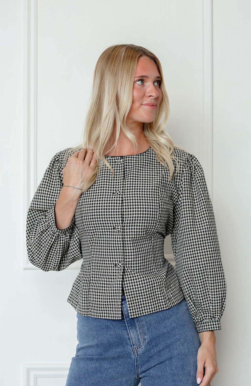 Black Checker Tied Waist Top