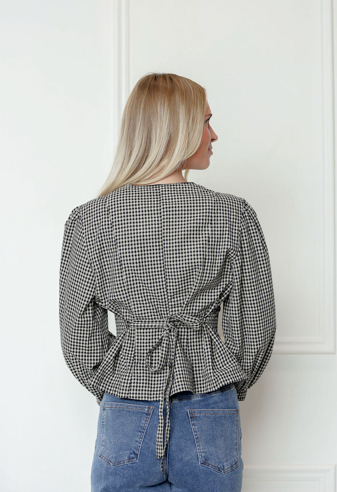Black Checker Tied Waist Top
