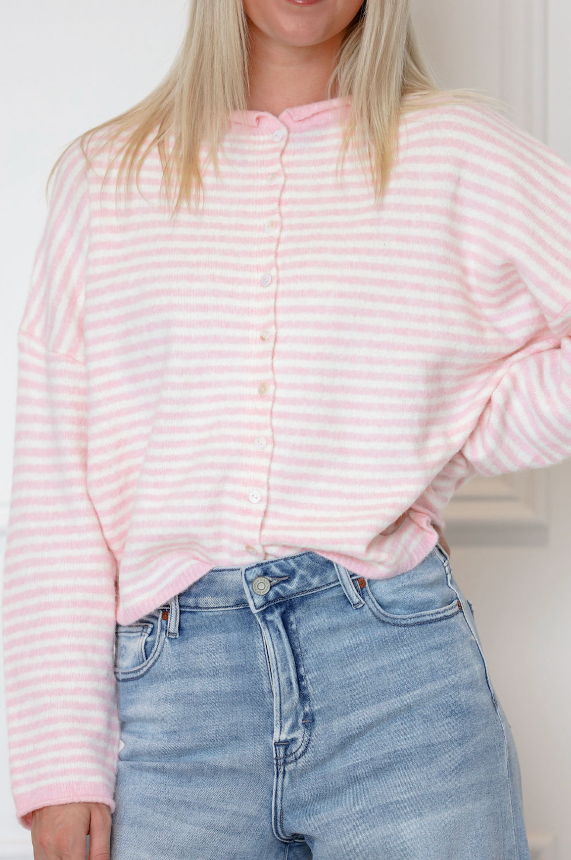 Button Down Cardi Pink Stripe