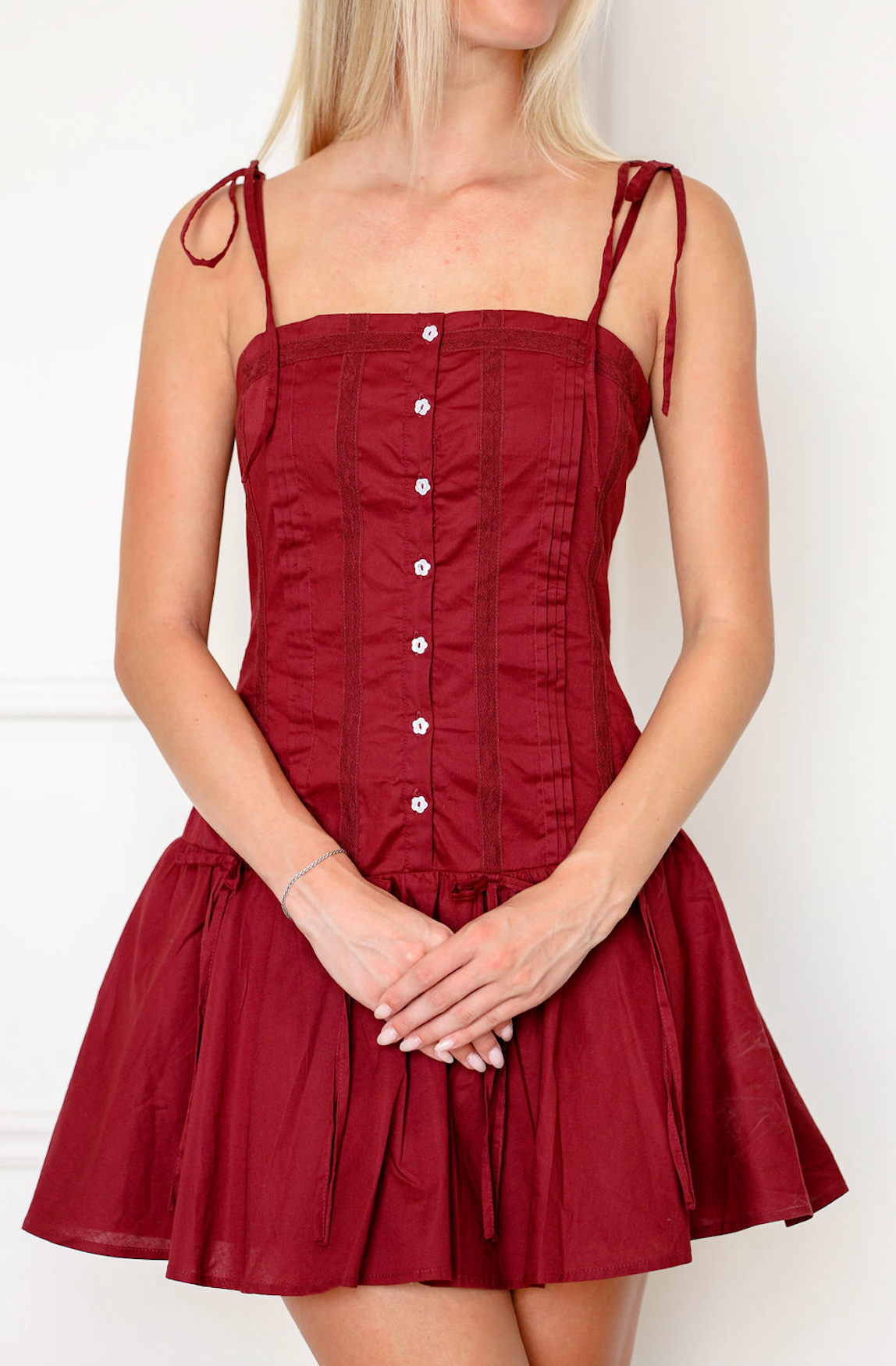 Maroon Lace Trim Tie Shoulder Dress