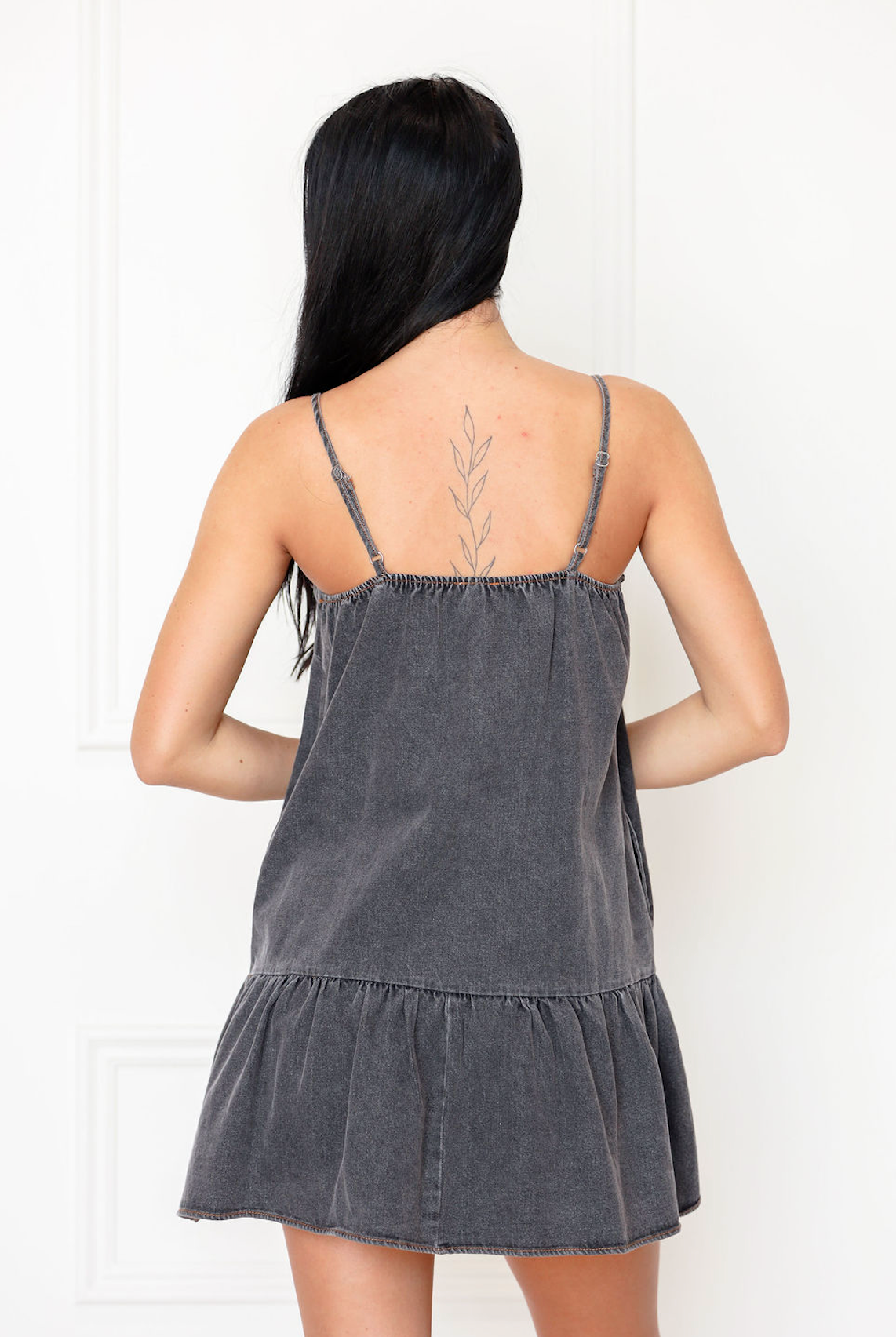 Bow Straps Charcoal Denim Dress