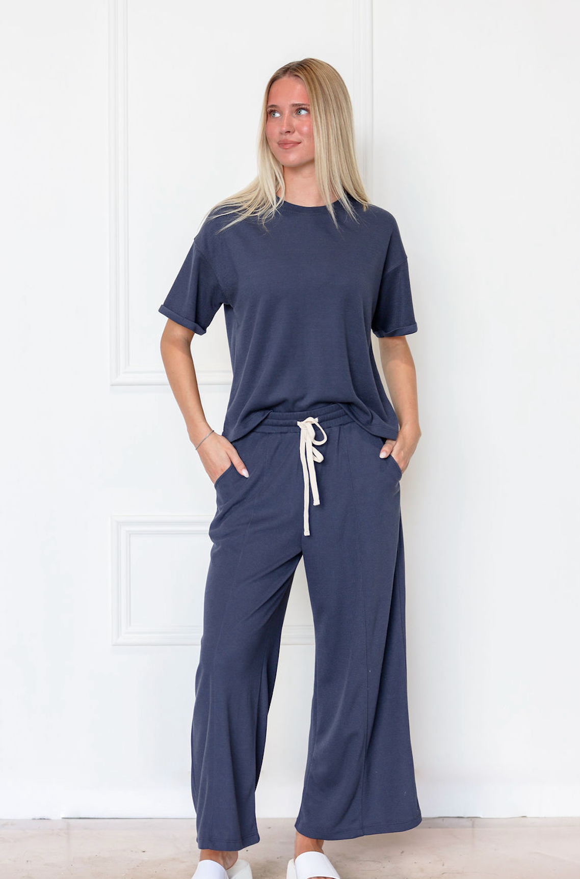 Navy Waffle Knit Pants & Top Set of 2