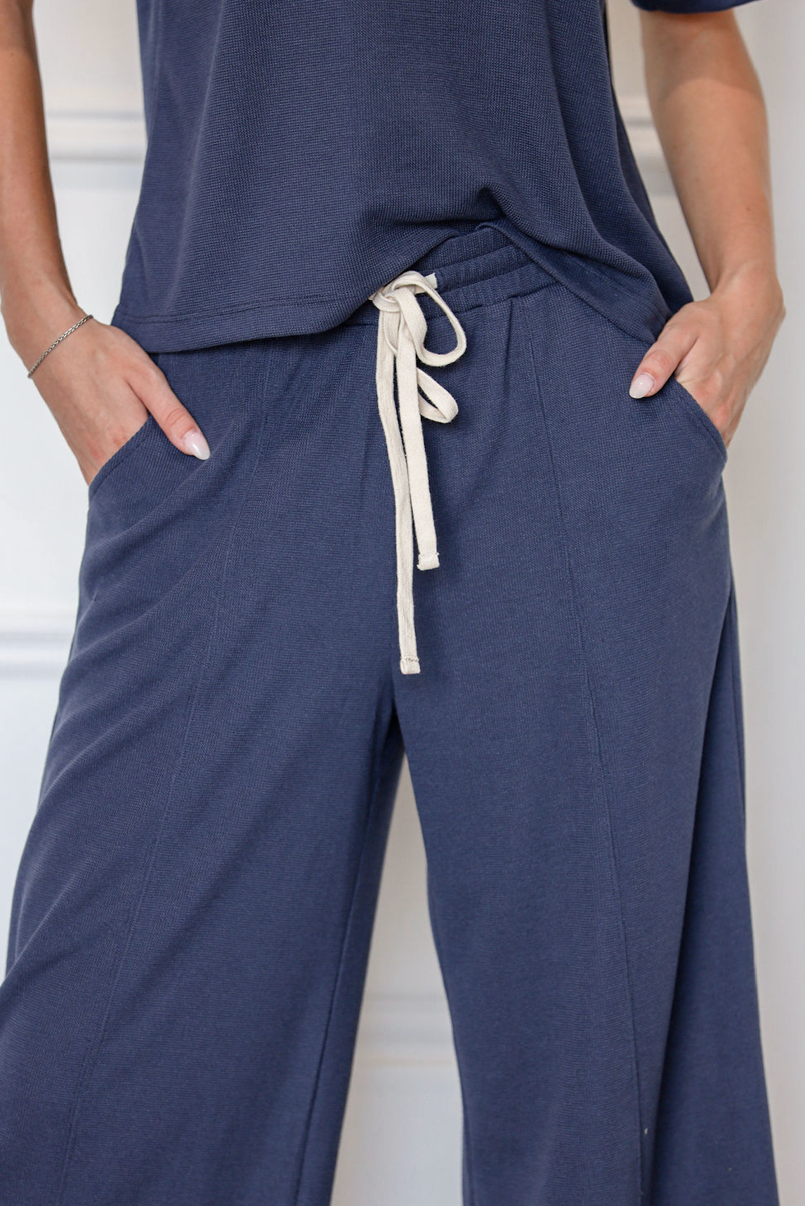Navy Waffle Knit Pants & Top Set of 2