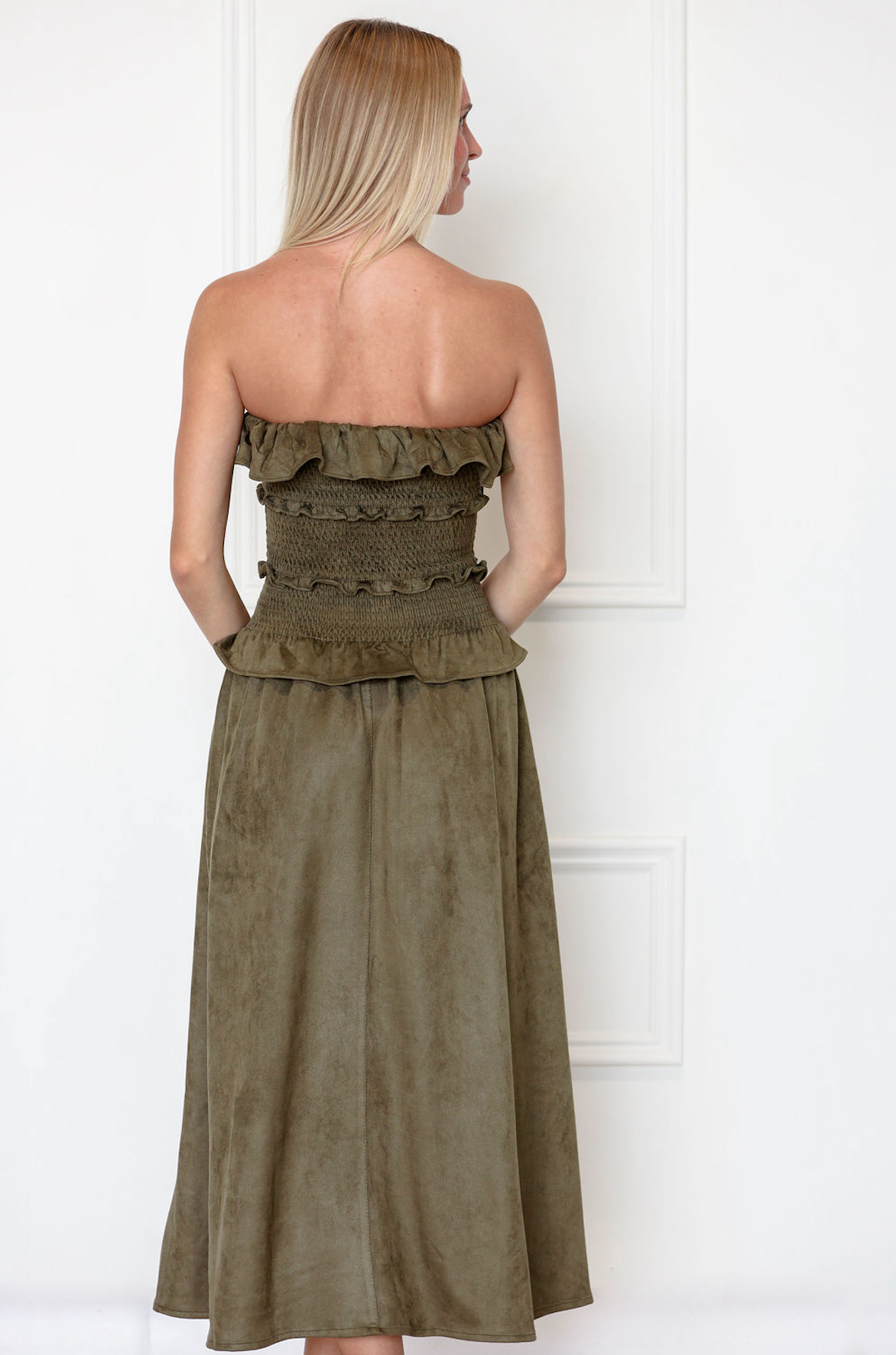Suede Midi Strapless Dress Olive