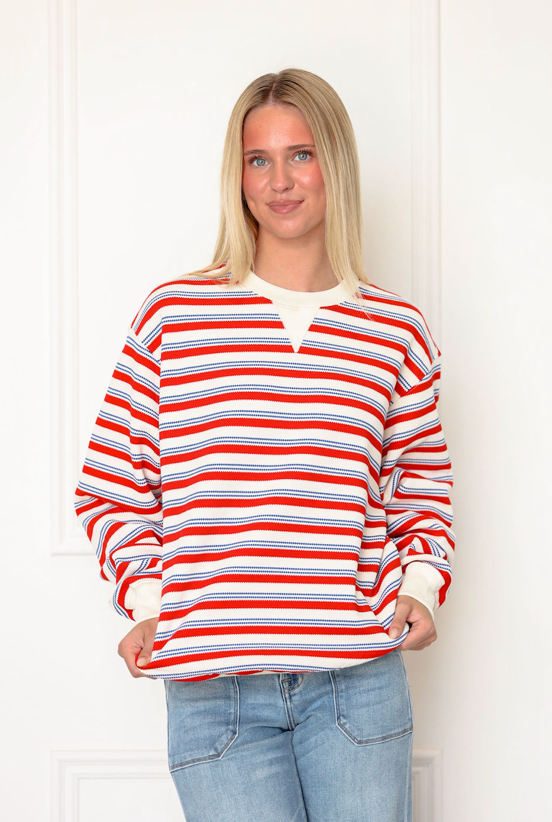 Red Stripe Crewneck Sweatshirt