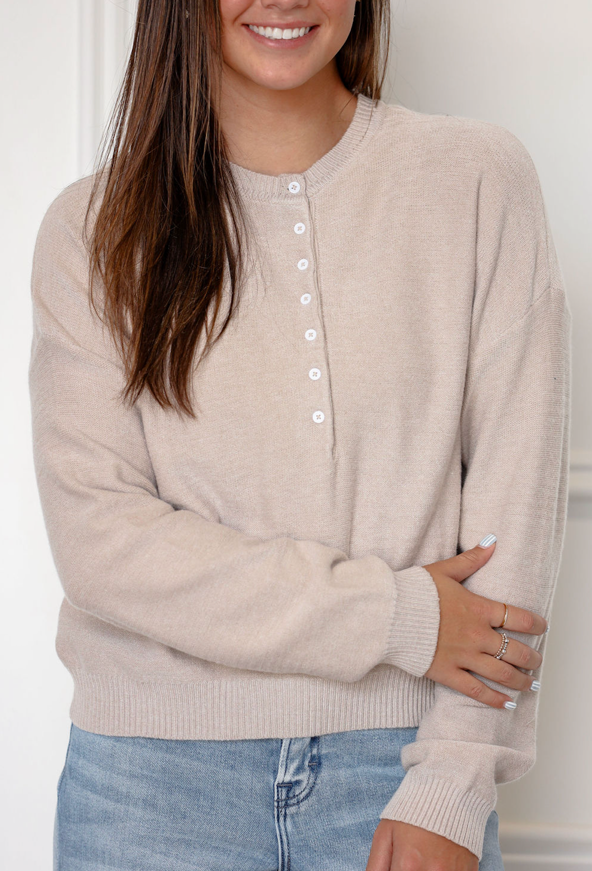 Henley Button Up Sweater Taupe