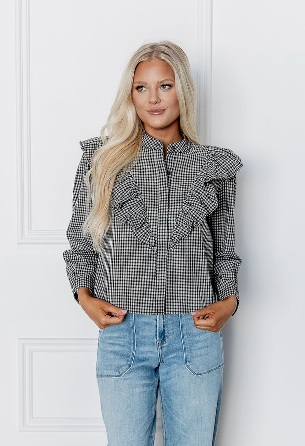 Black Checker Ruffle Top