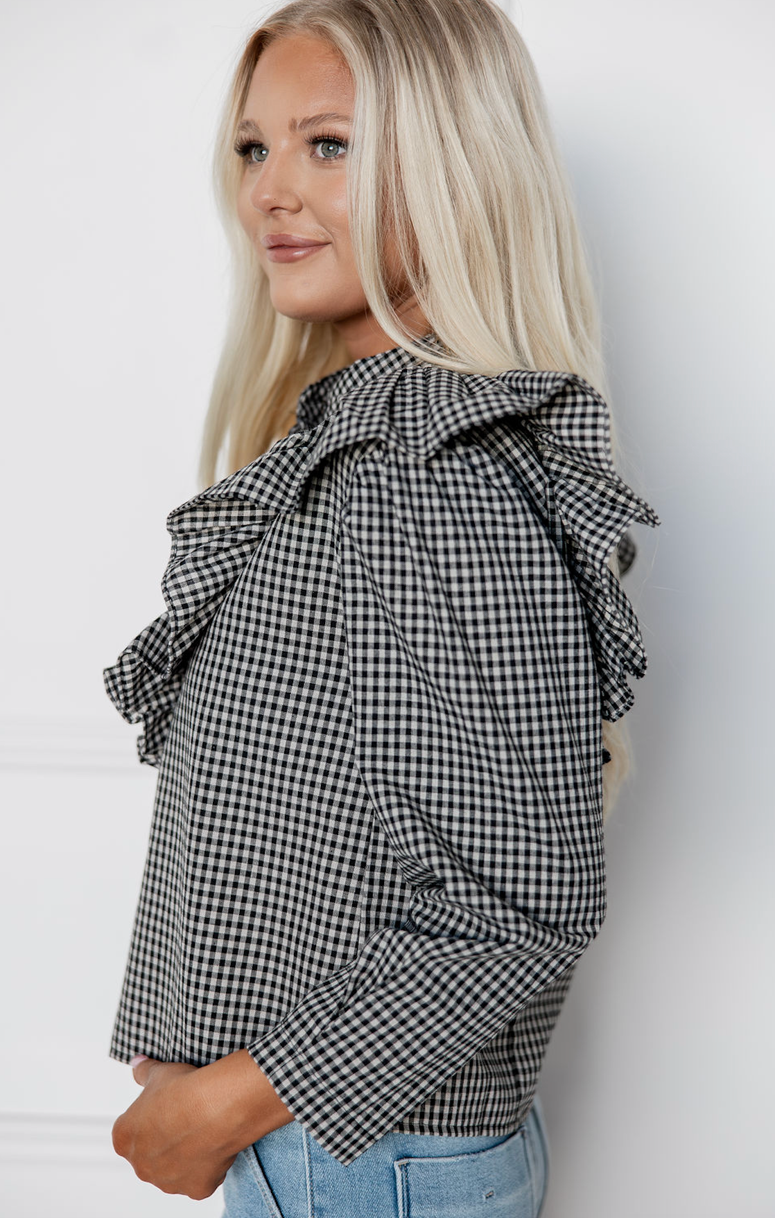 Black Checker Ruffle Top