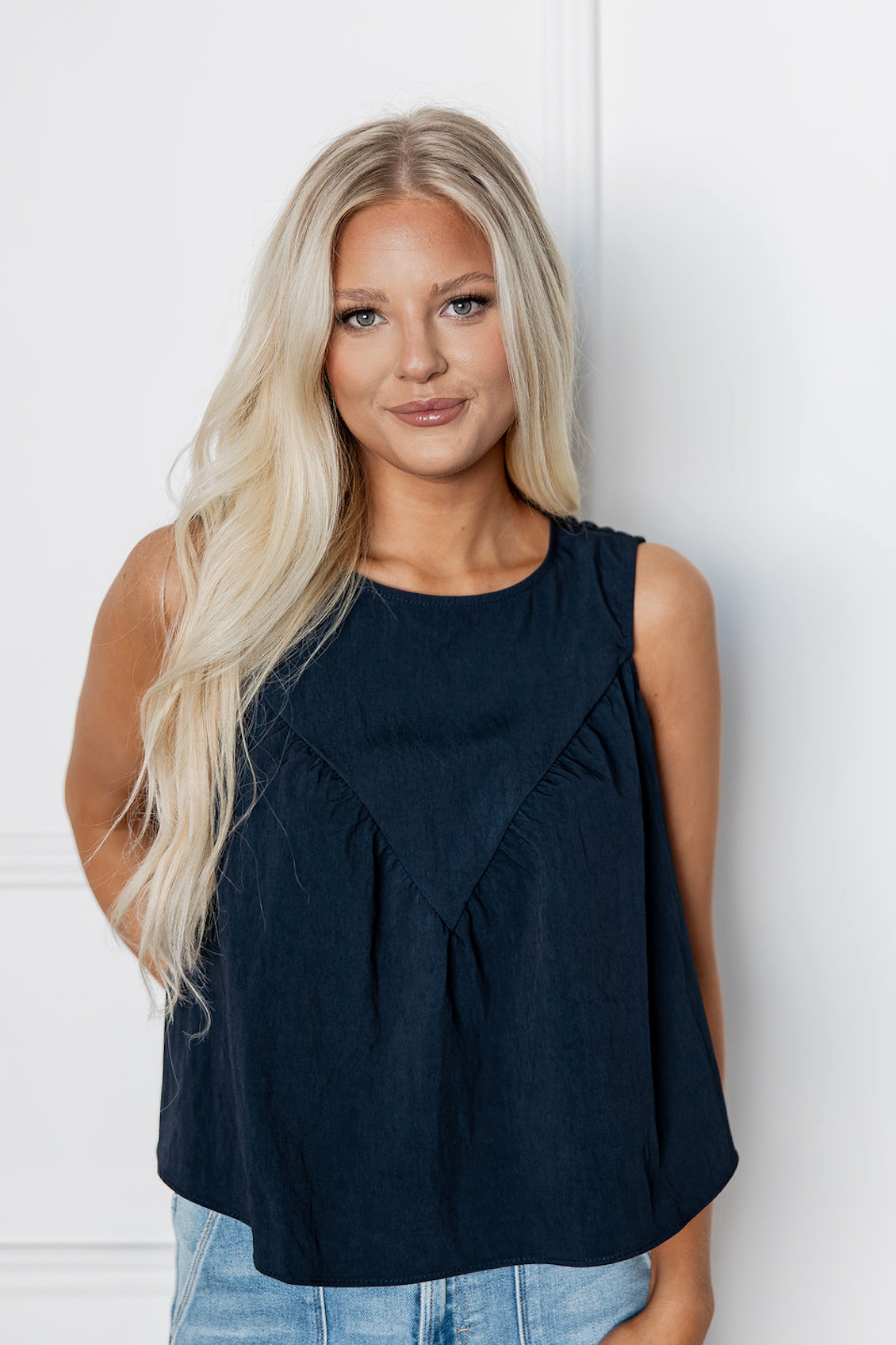 Poplin V Blouse Navy
