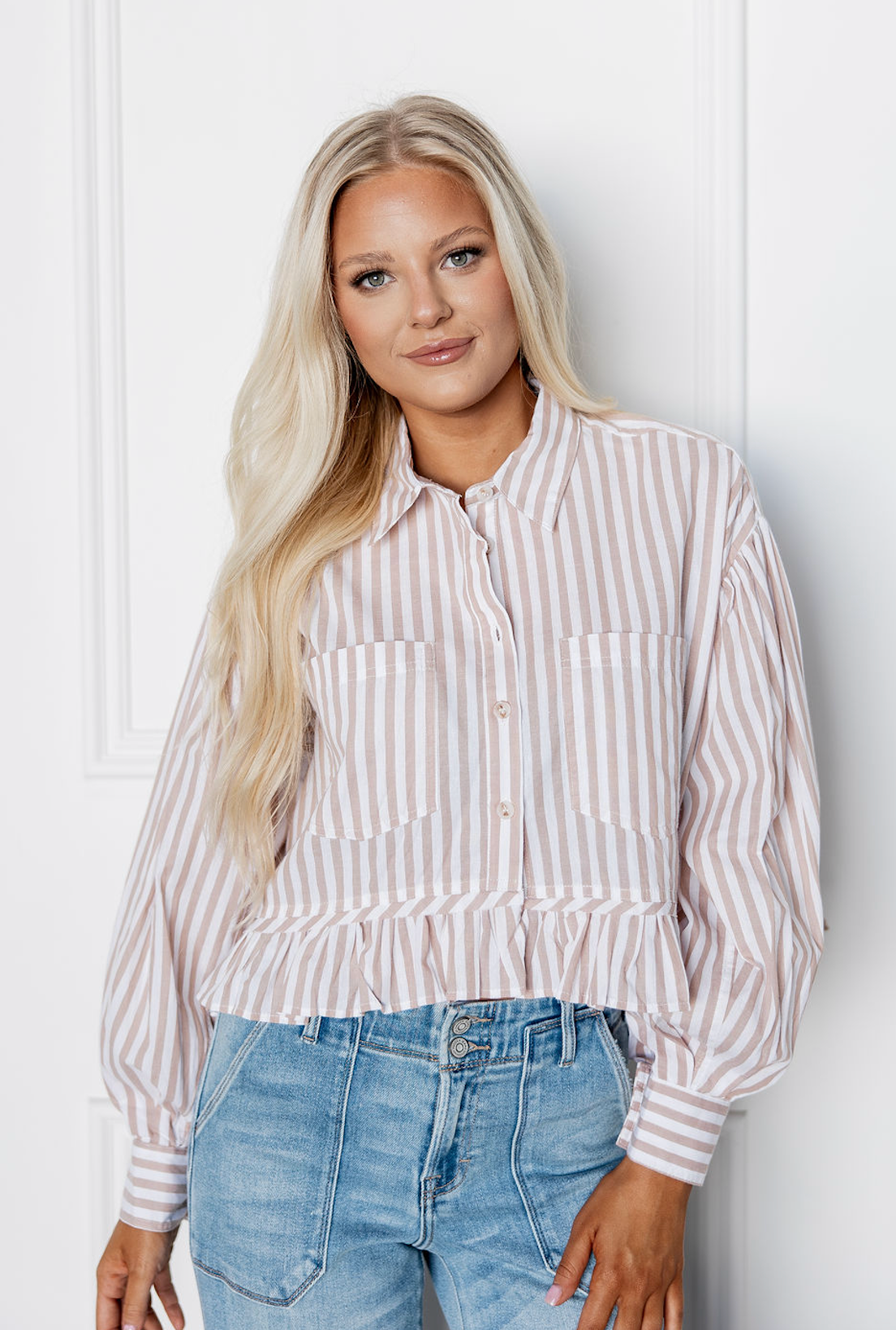 Ruffle Bottom Stripe Shirt Taupe Ruffle Bottom Stripe Shirt Taupe