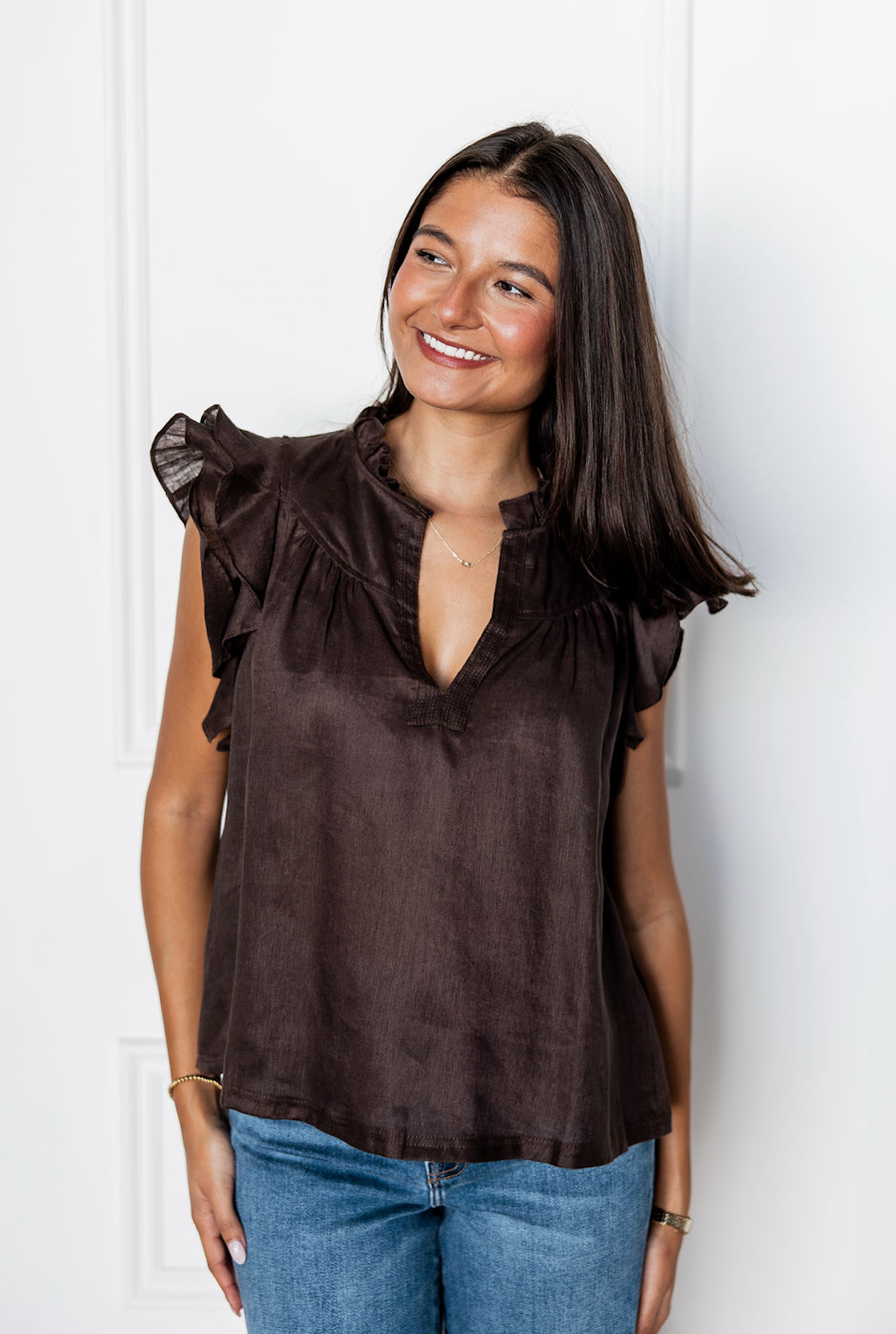 Brown Flutter Sleeve Blouse