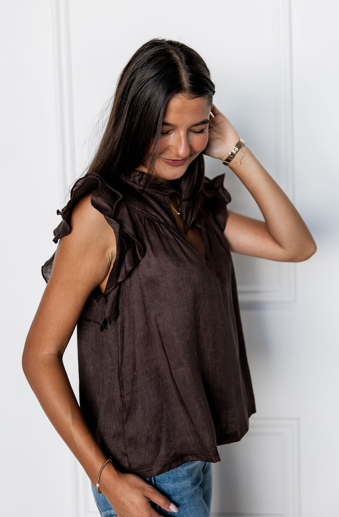 Brown Flutter Sleeve Blouse