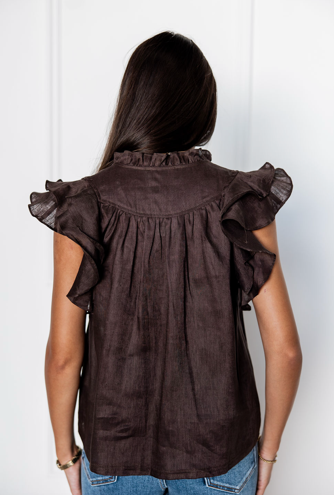 Brown Flutter Sleeve Blouse