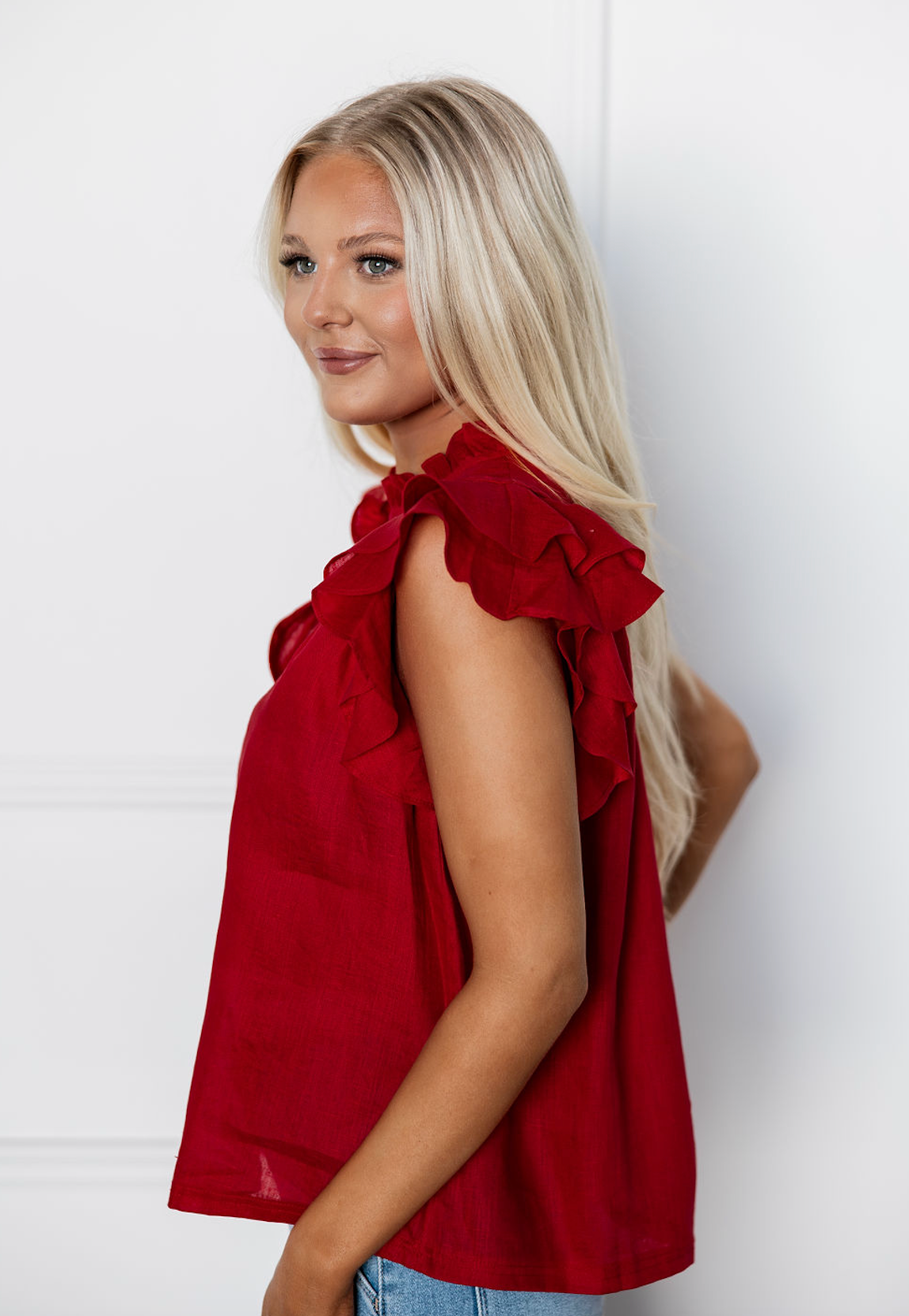 Red Flutter Sleeve Blouse