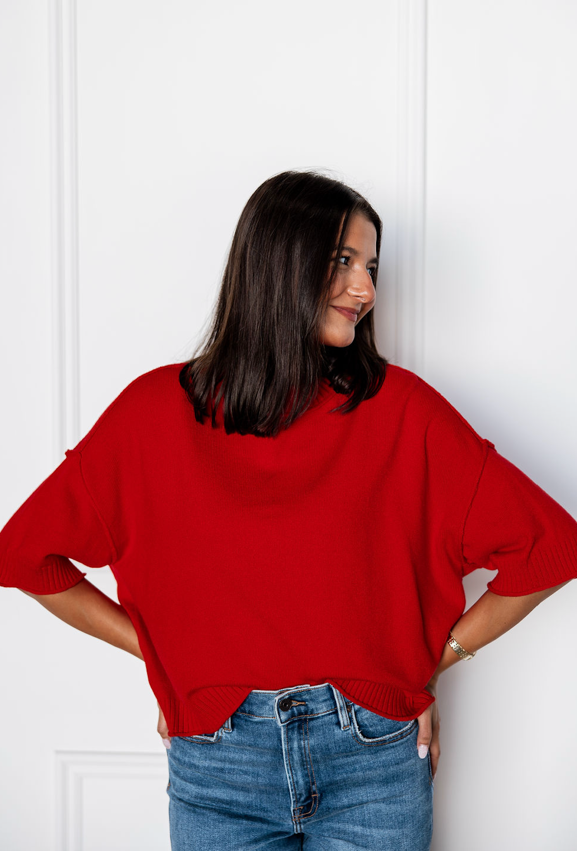 Drop Shoulder Knit Crewneck Red
