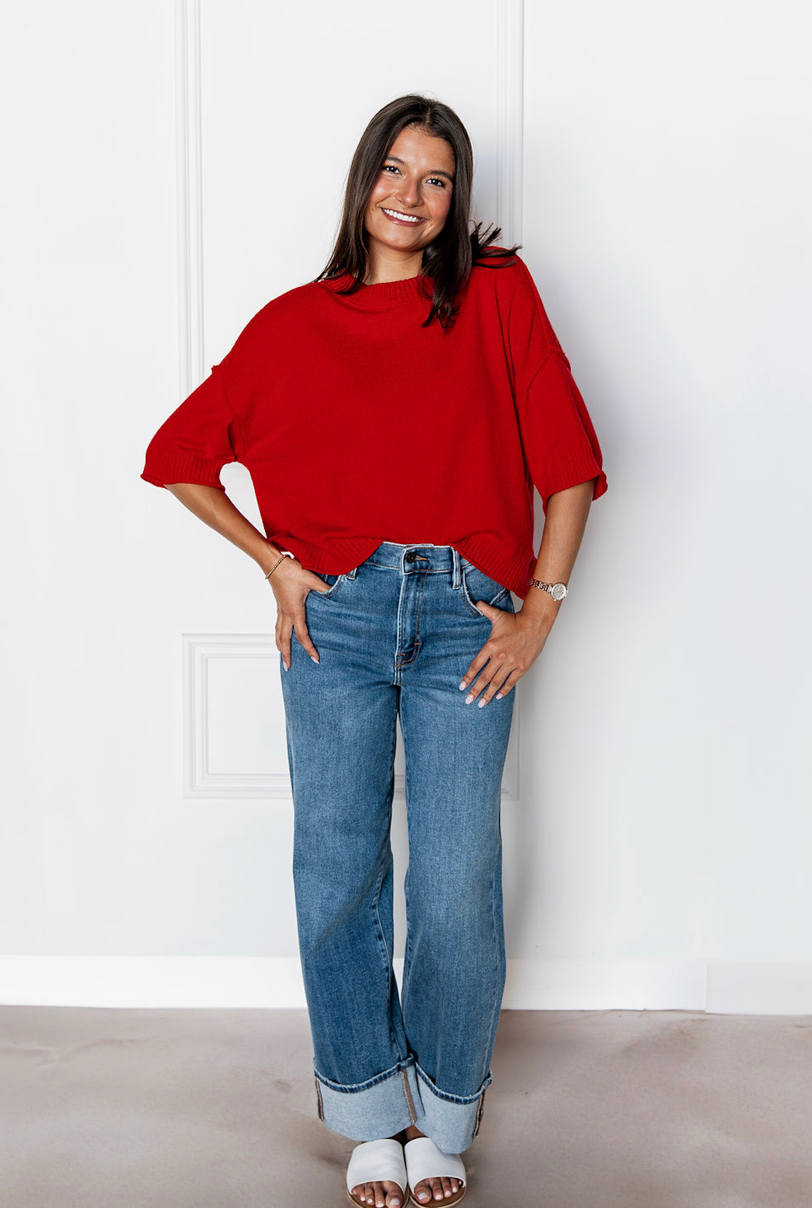 Drop Shoulder Knit Crewneck Red