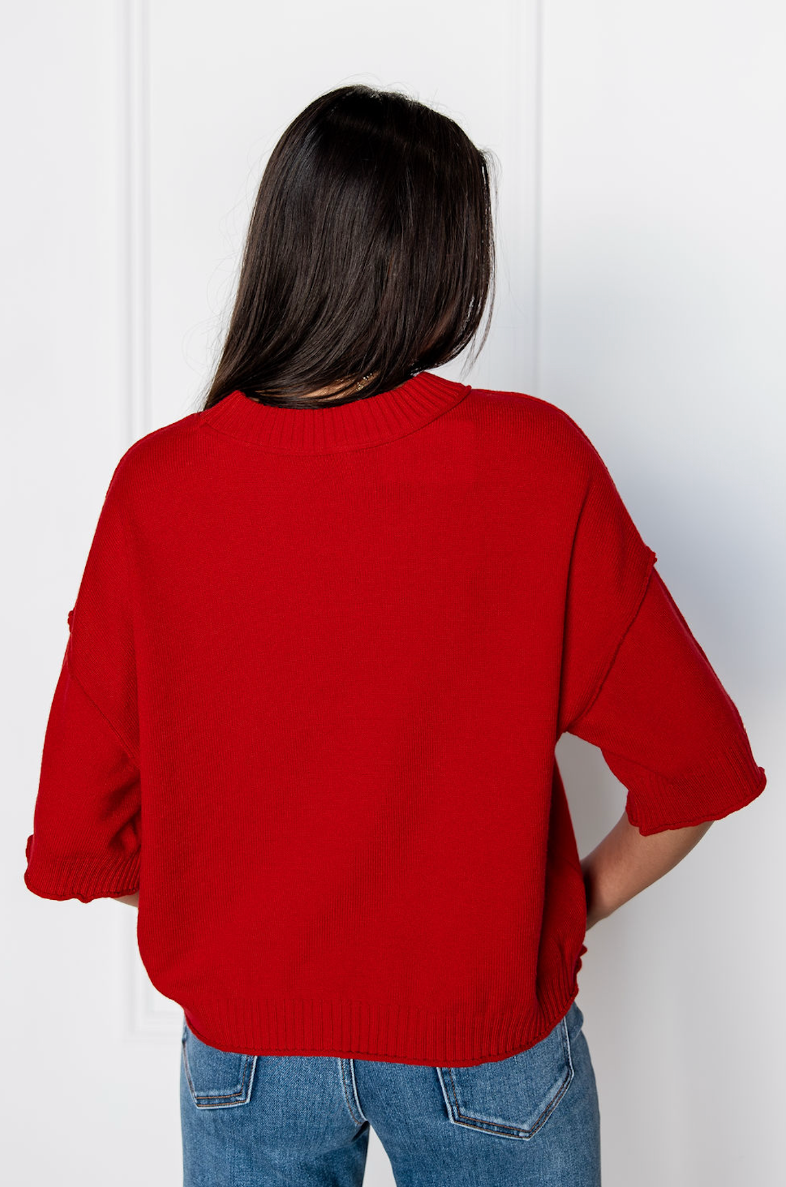Drop Shoulder Knit Crewneck Red