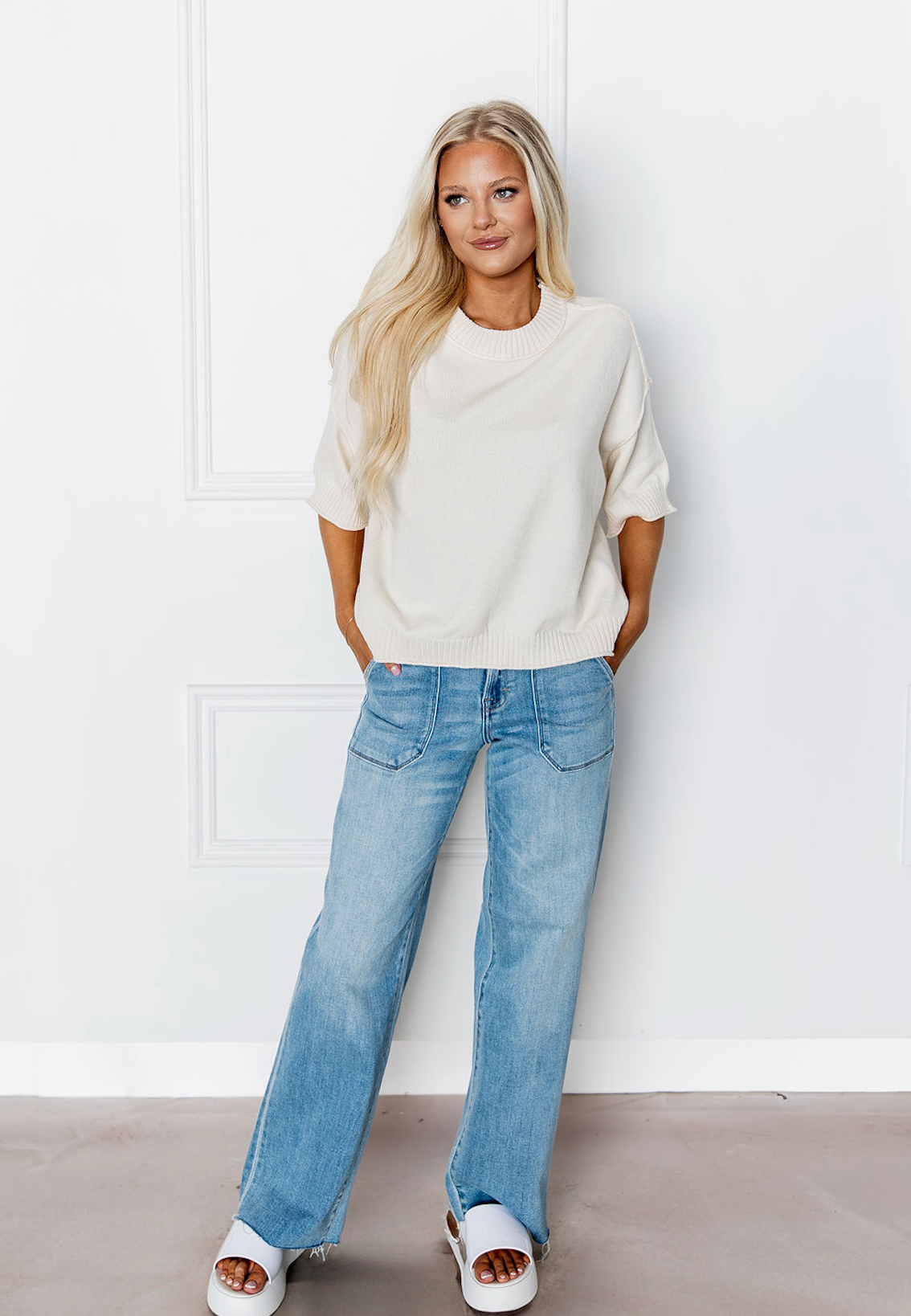 Drop Shoulder Knit Crewneck White