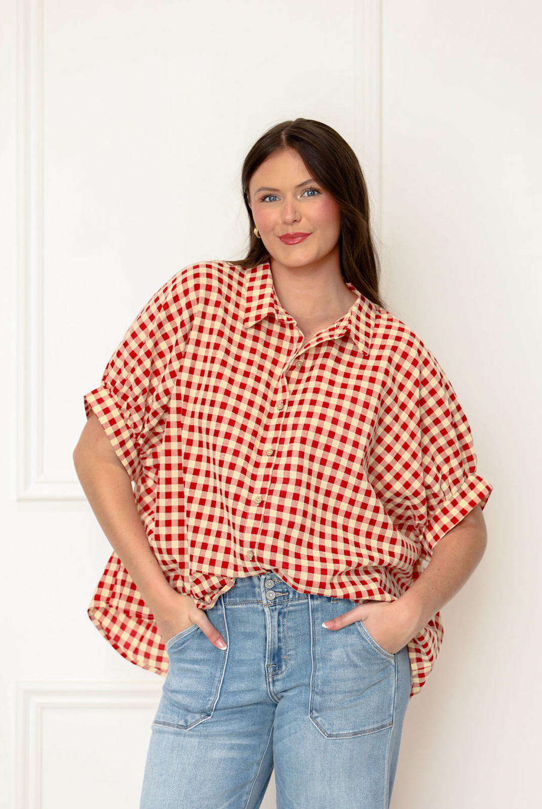 Gingham Check Oversize Shirt Red