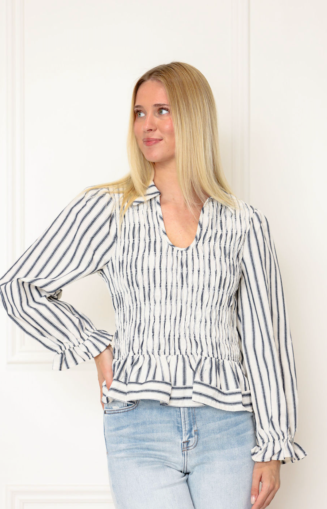 Stripe Smock Collared Blouse