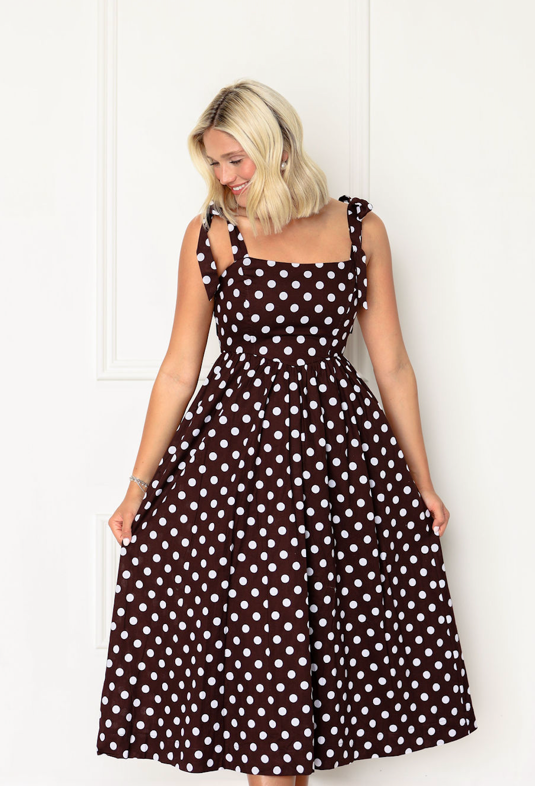 Polka Dot Midi Dress w/ Shoulder Ties