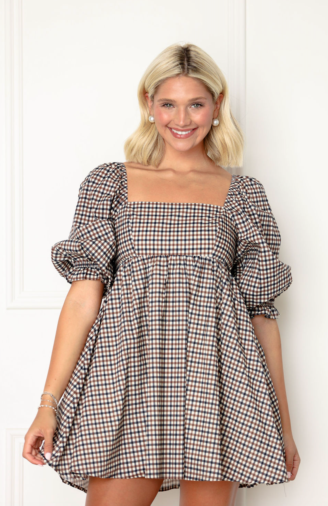 Brown/Navy Plaid Babydoll Dress