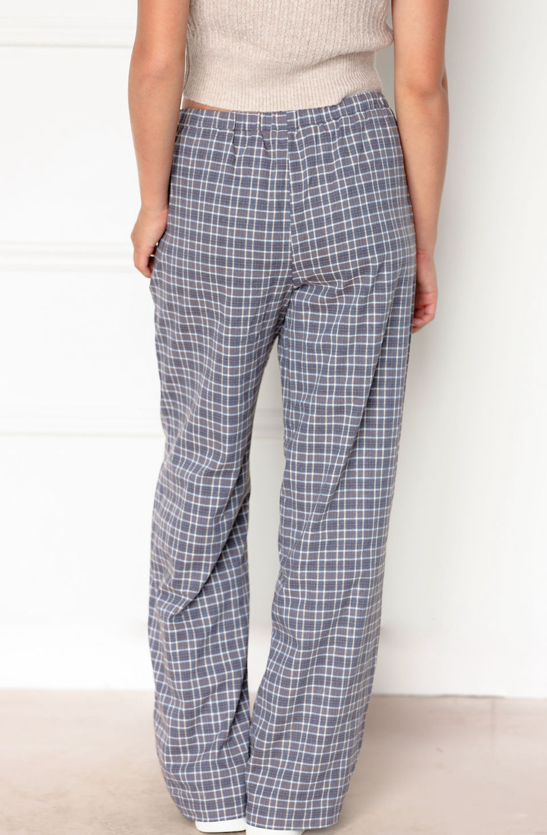 Navy Grid Pattern Plaid Pants