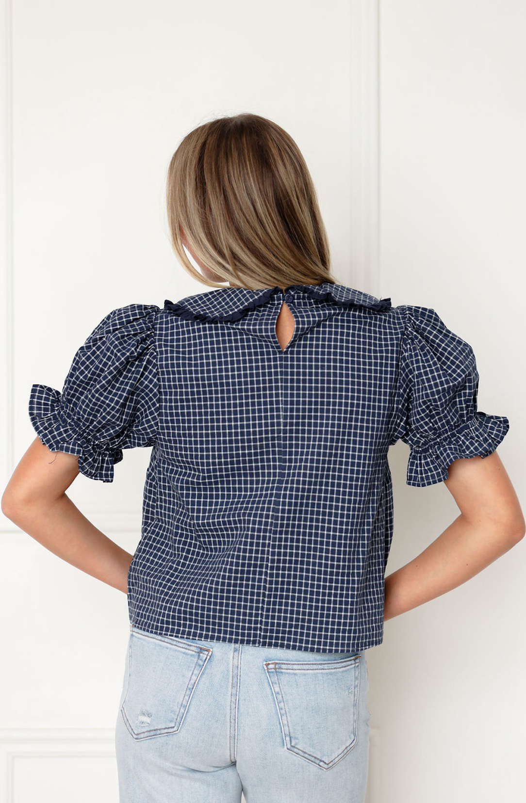 Navy Collared Checker Top