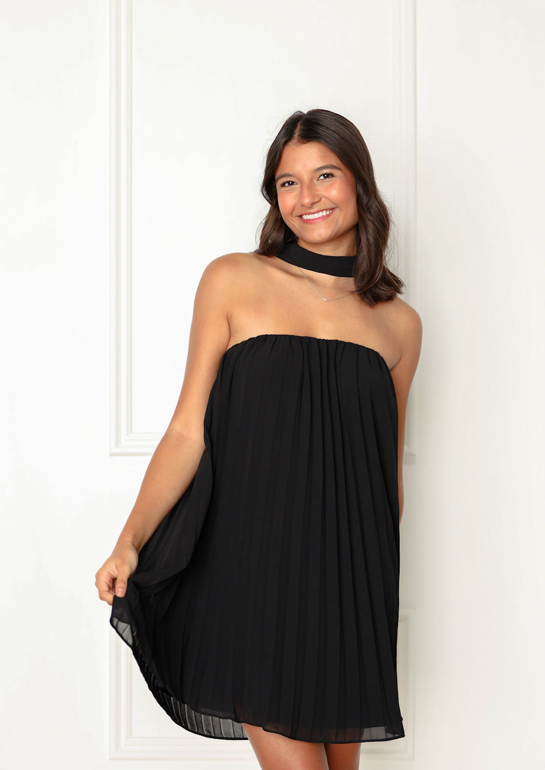 Pleated Mini Dress w/ Neck Tie