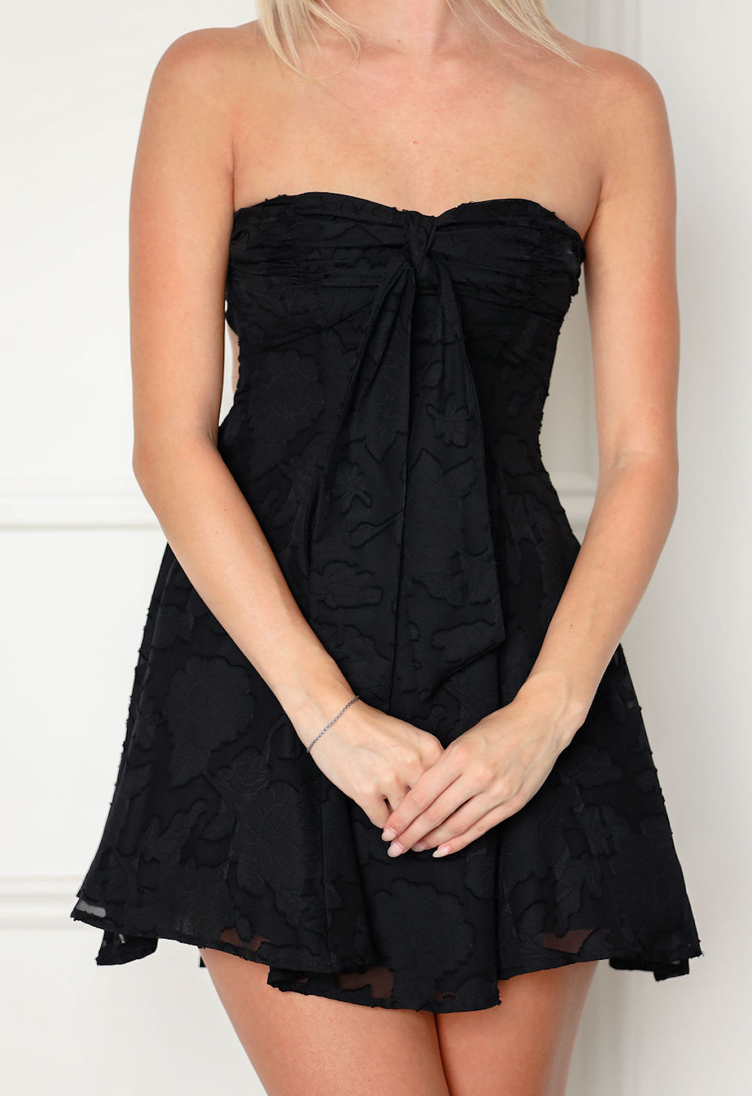 Black Floral Embossed Open Back Dress