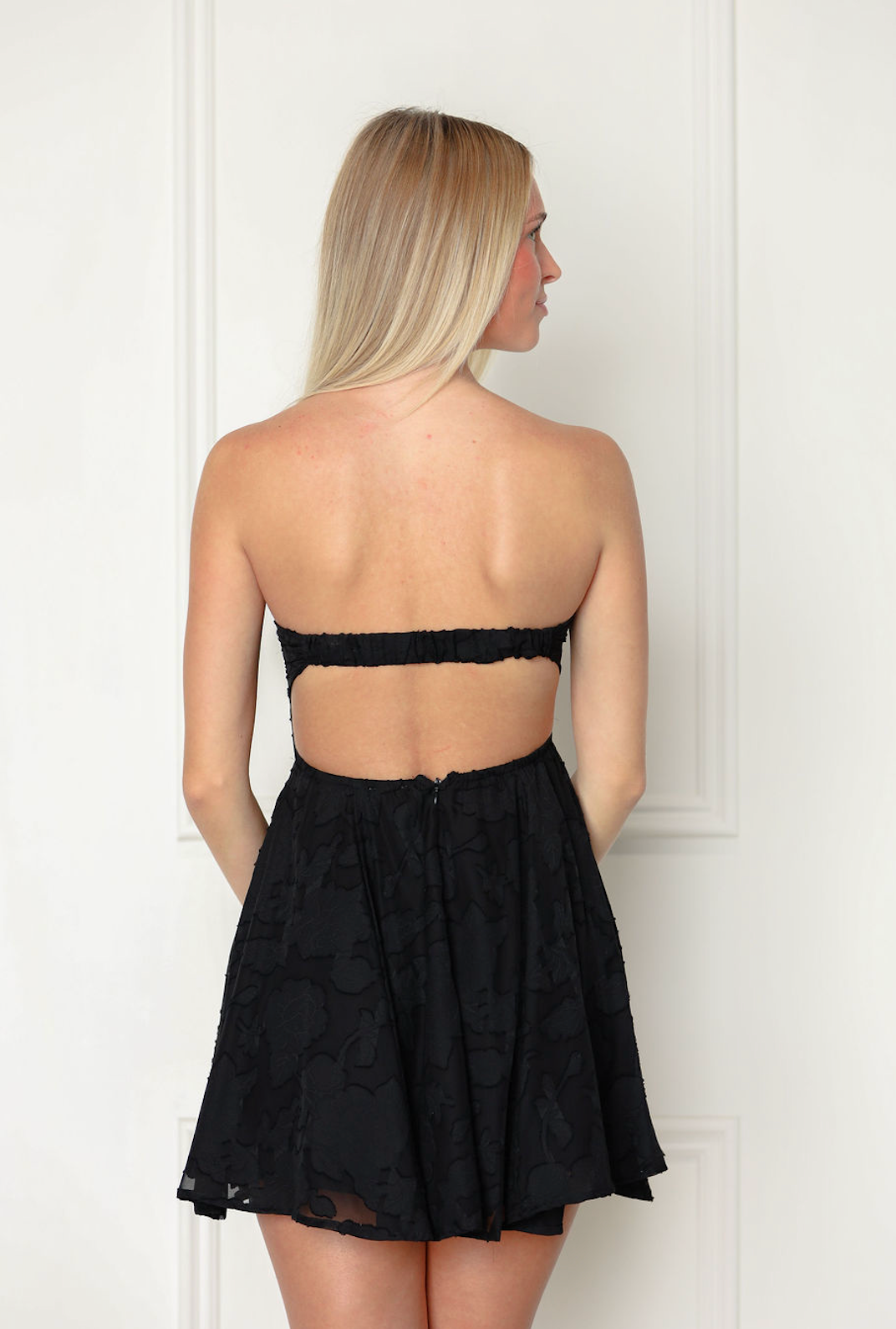 Black Floral Embossed Open Back Dress